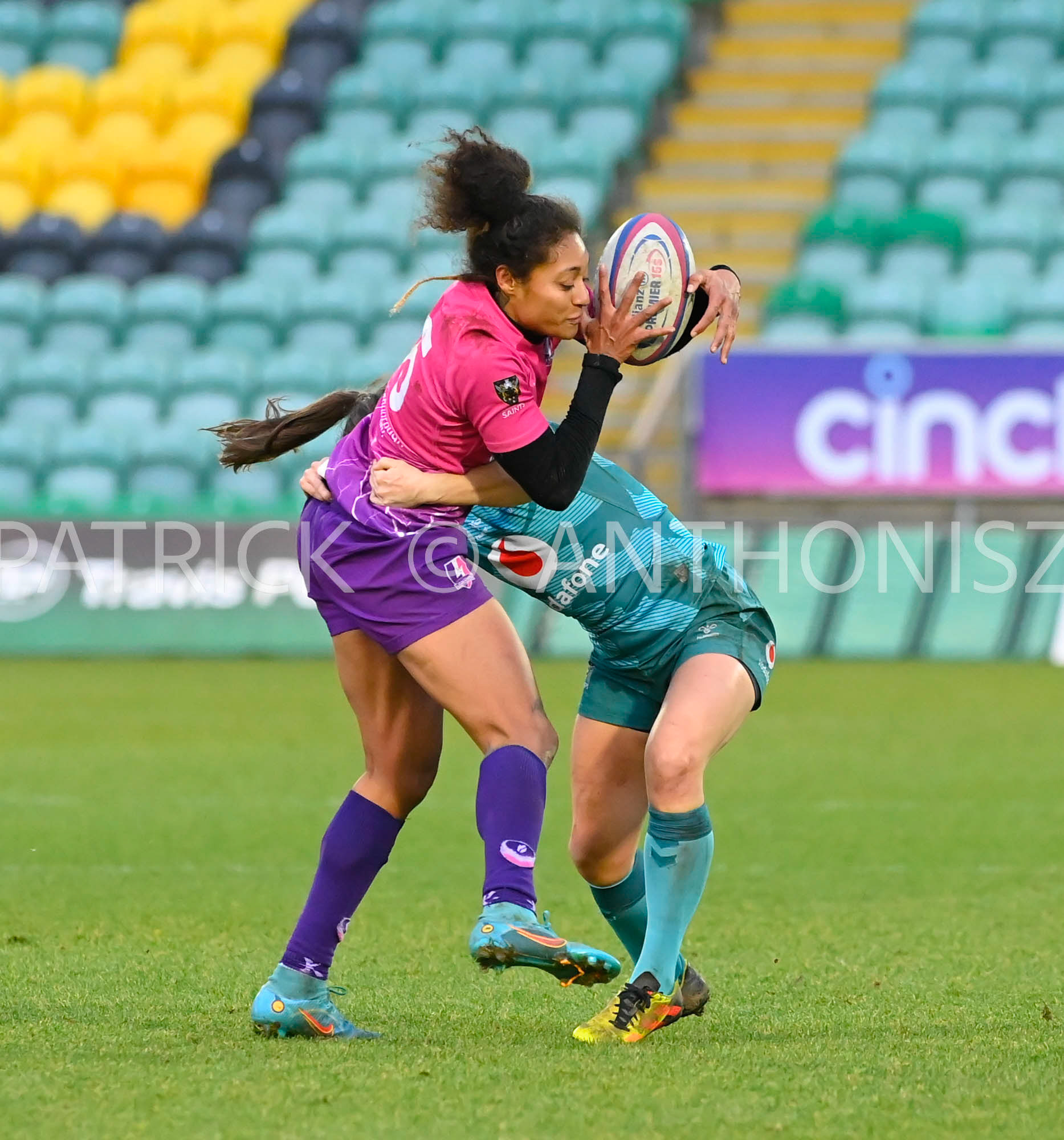 NORTHAMPTON, ENGLAND :  Bulou Mataitoga Loughborough Lightning brought by Sian McGuinness Wasps during Women's Allianz Premiership 15's match between Loughborough Lightning and  Wasps at Franklin's Gardens on  Sunday January  8 2023 in Northampton, England