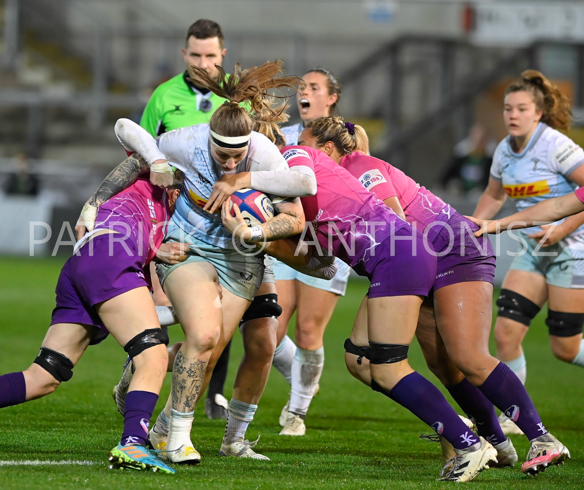 NORTHAMPTON, ENGLAND- Nov -27 - 2022 :  Loughborough Lightning  Women takes  down Jade Konkel-Robertsduring  Harlequins the match between Loughborough Lightning Vs Harlequins at Franklin's Gardens on November 27, 2022 in Northampton, England