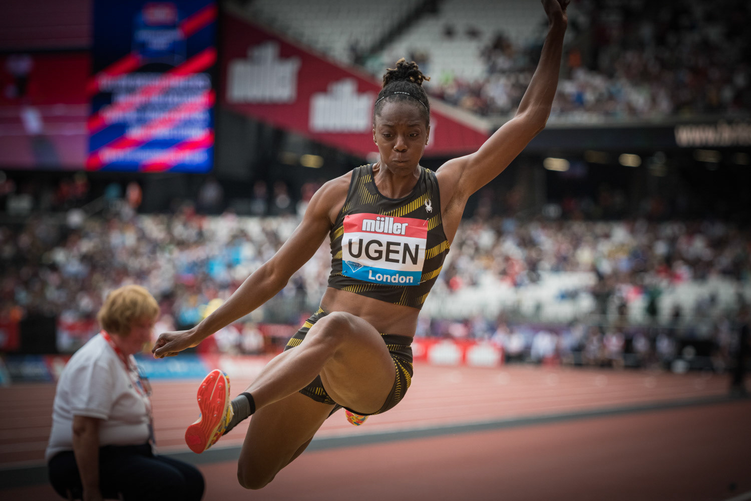 LONDON, ENGLAND - JULY 21: Lorraine Ugen of Great Britain competes in the Women's Long Jump  Day Two of the Muller Anniversary Games IAAF Diamond League  London Stadium on July 21, 2019 London, England