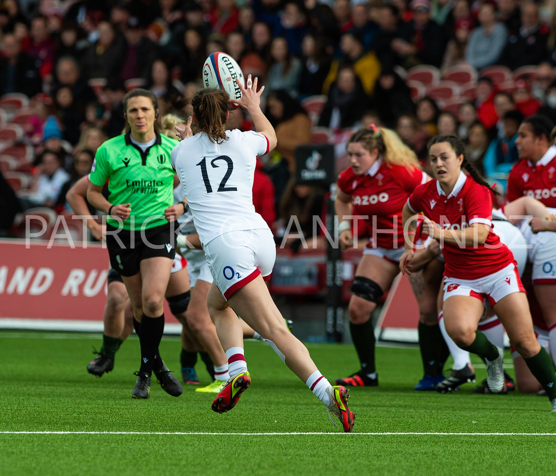 England Vs Wales Six Nations Gloucester 9 April 2022. Helena Rowland of England  catches the ball during the TikTok Women's Six Nations Rugby Championship match, England Red Roses Vs Wales  Rugby at the Kingsholm  Stadium Gloucester