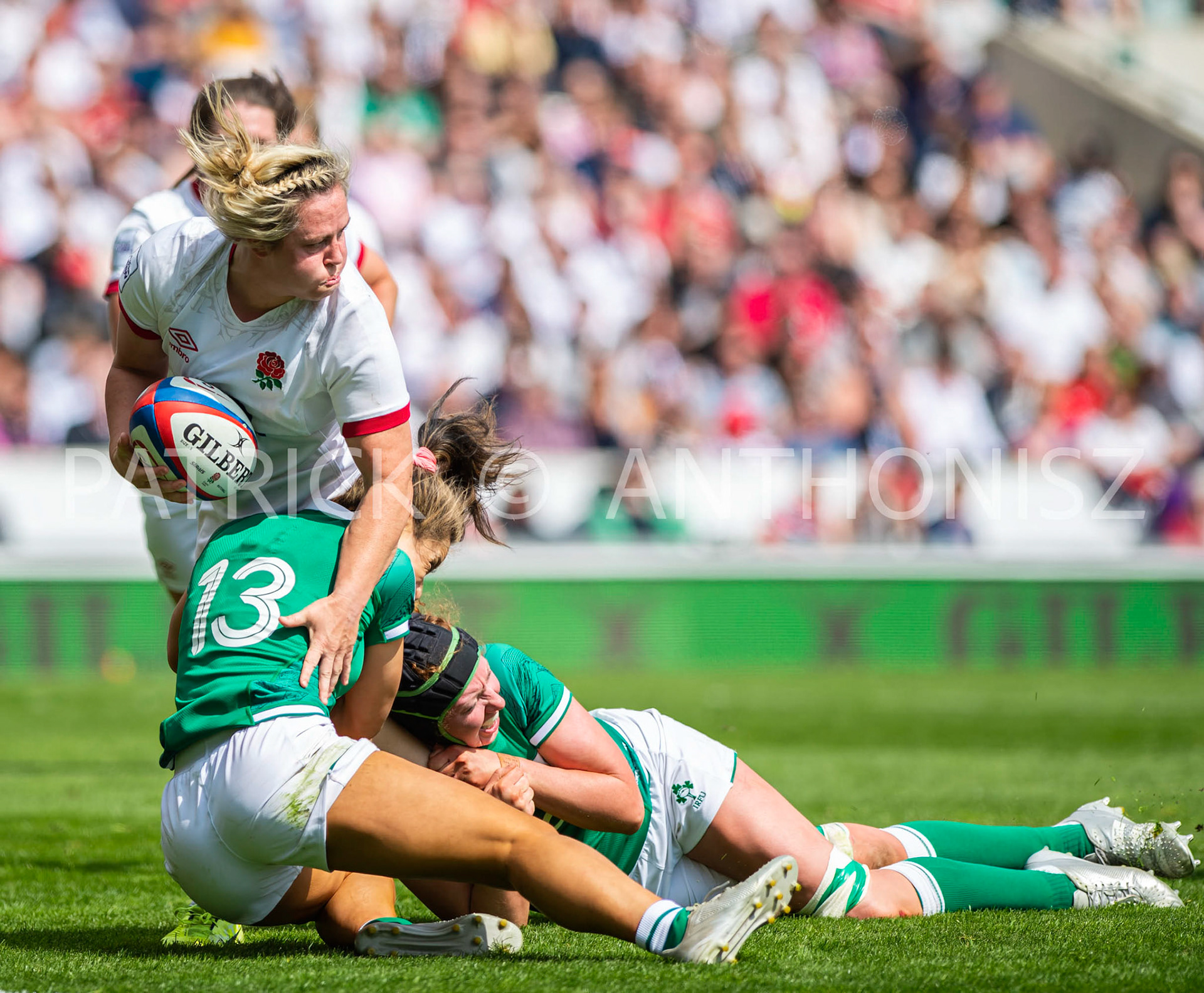24th - April  2022 : Marlie Packer England  is brought down by Sene Naoupu Ireland during the  during the England Vs Ireland round 4    TikTok Women's Six Nations at  Mattioli  Woods Welford Road.