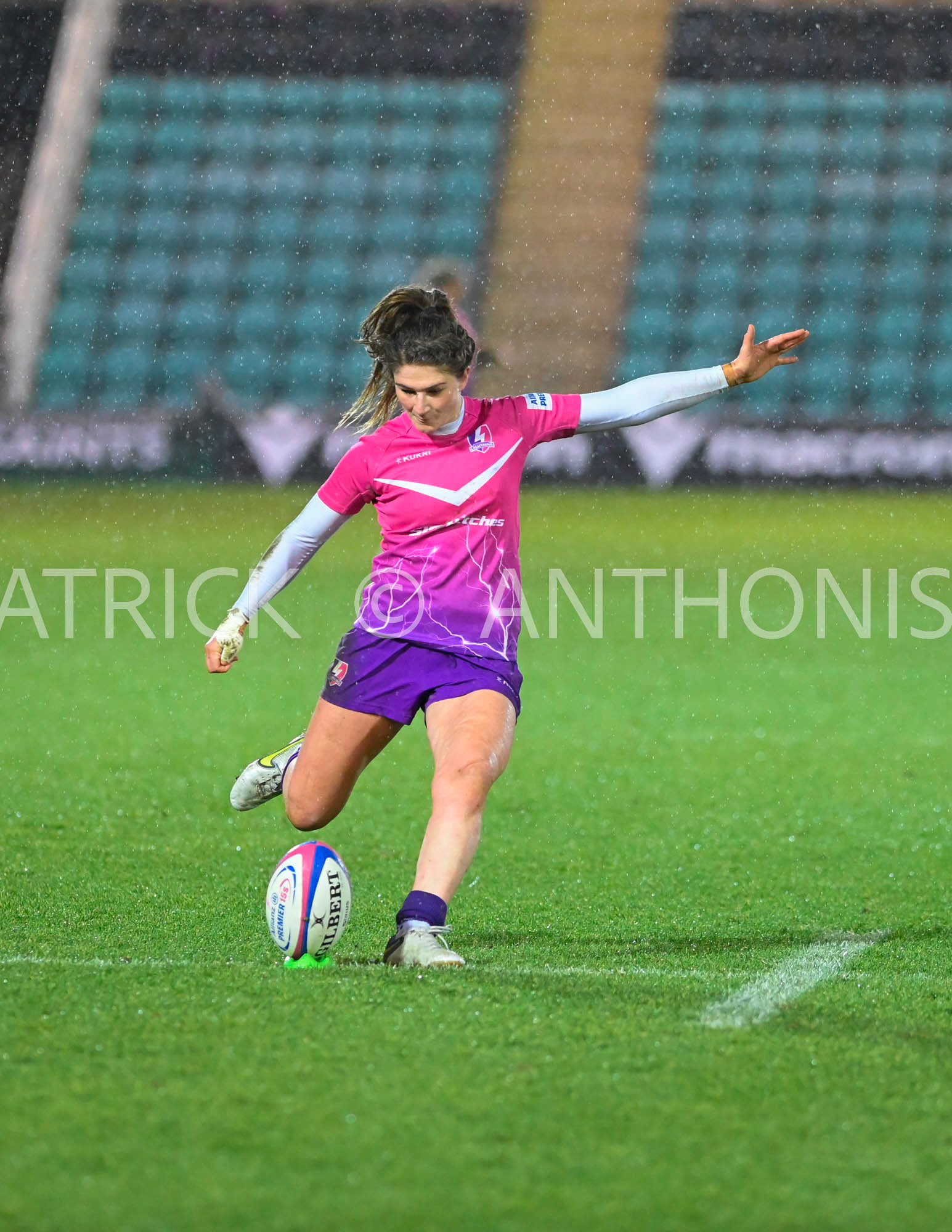 NORTHAMPTON, ENGLAND : Helen Nelson Loughborough Lightning takes a conversion  during Women's Allianz Premiership 15's match between Loughborough Lightning and  Wasps at Franklin's Gardens on  Sunday January  8 2023 in Northampton, England