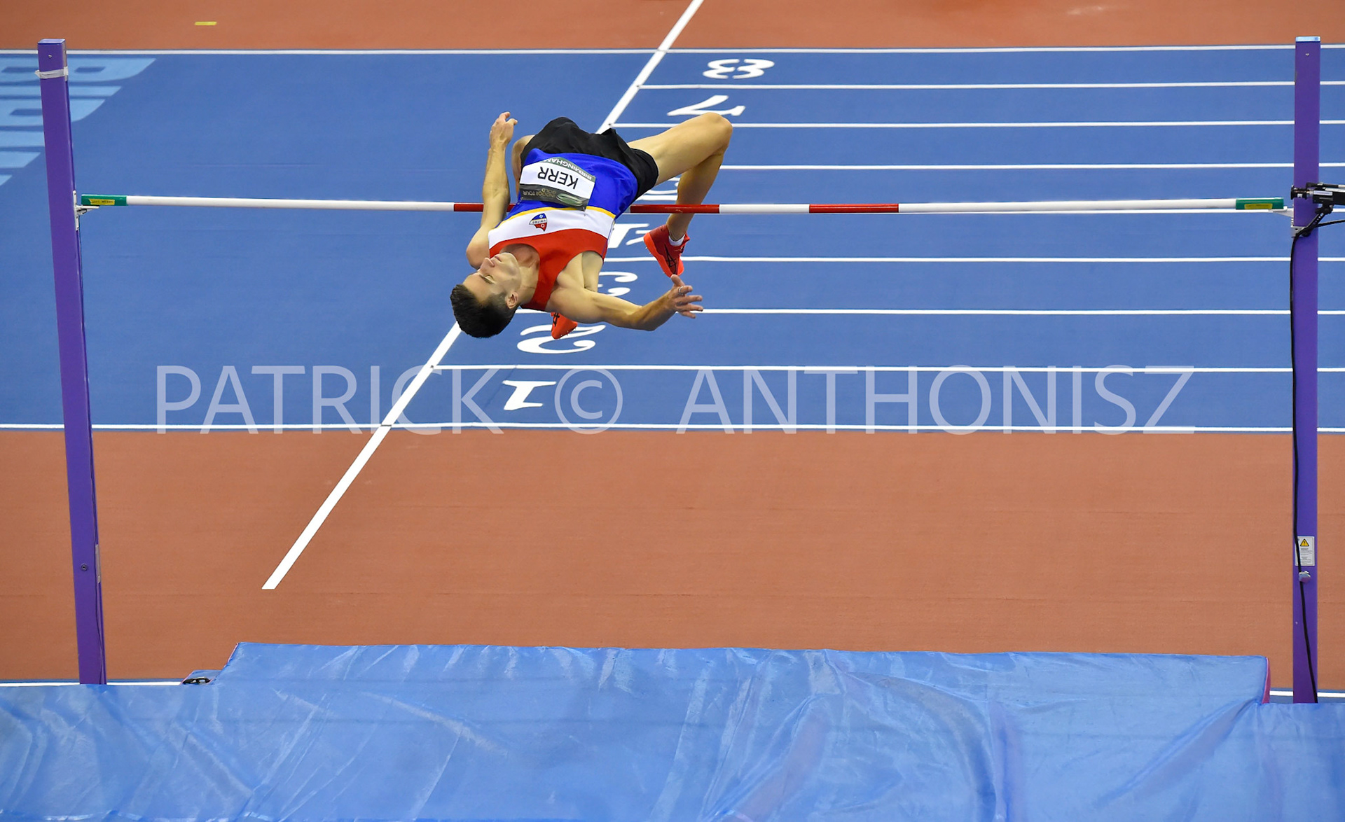 Birmingham, UK, 25 February 2023: KERR Hamish NZL wins the  Men's High  Jump with  2.28 m Birmingham World Indoor Gold Tour Final  Utilita Arena, Birmingham on the 25 February , England