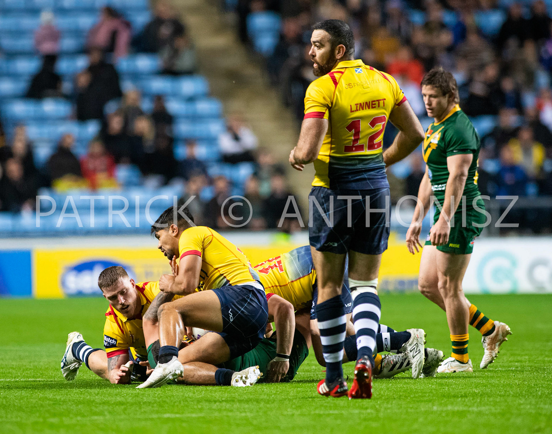 Coventry England  21st October: Match action  during the Rugby League World Cup 2021 between Australia Vs Scotland  at  Coventry Building Society Arena on 21st October 2022 Australia 84: Scotland 0