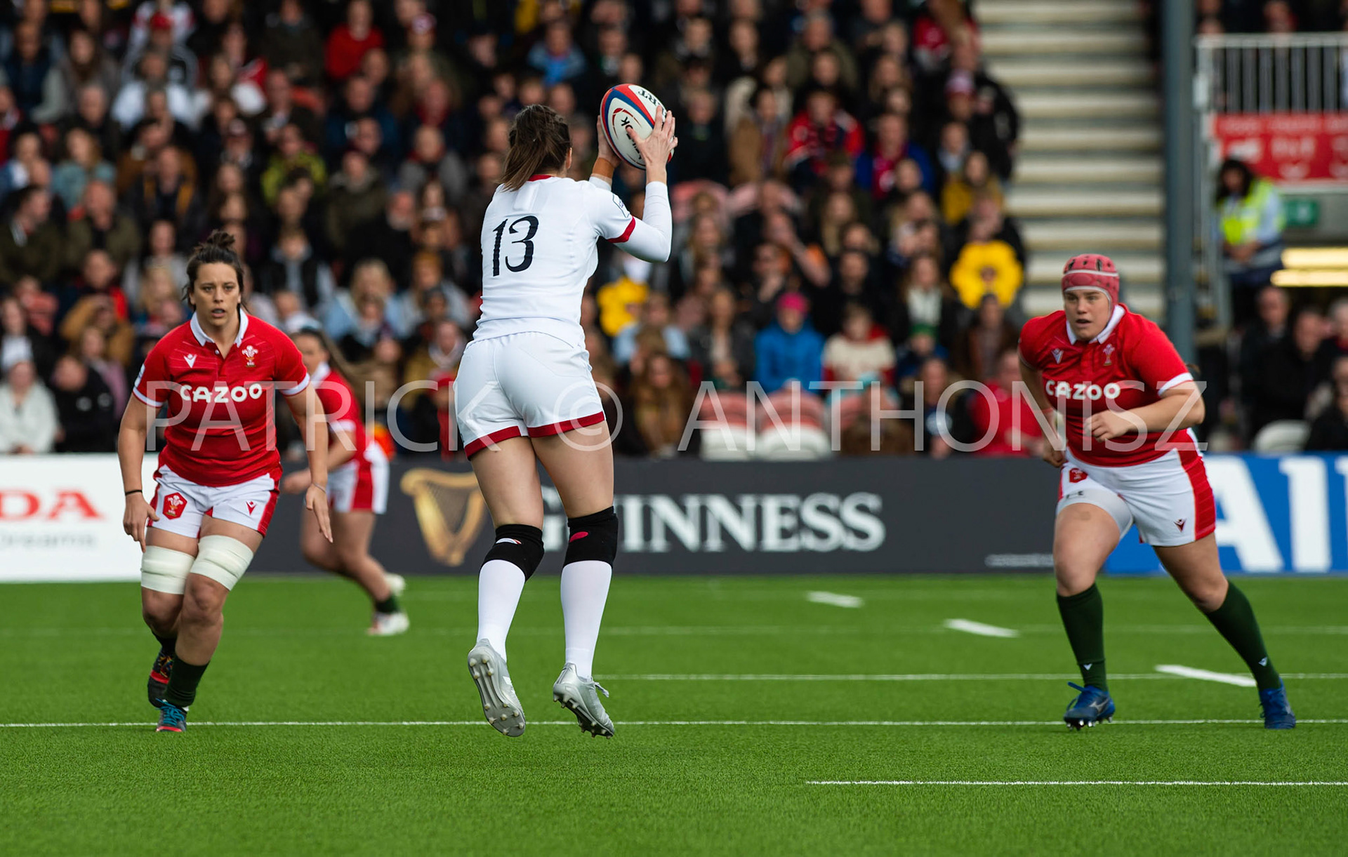 England Vs Wales Six Nations Gloucester 9 April 2022. Helena Rowland of England get the ball during the  the  TikTok Women's Six Nations Rugby Championship match, England Red Roses Vs Wales  Rugby at the Kingsholm  Stadium Gloucester