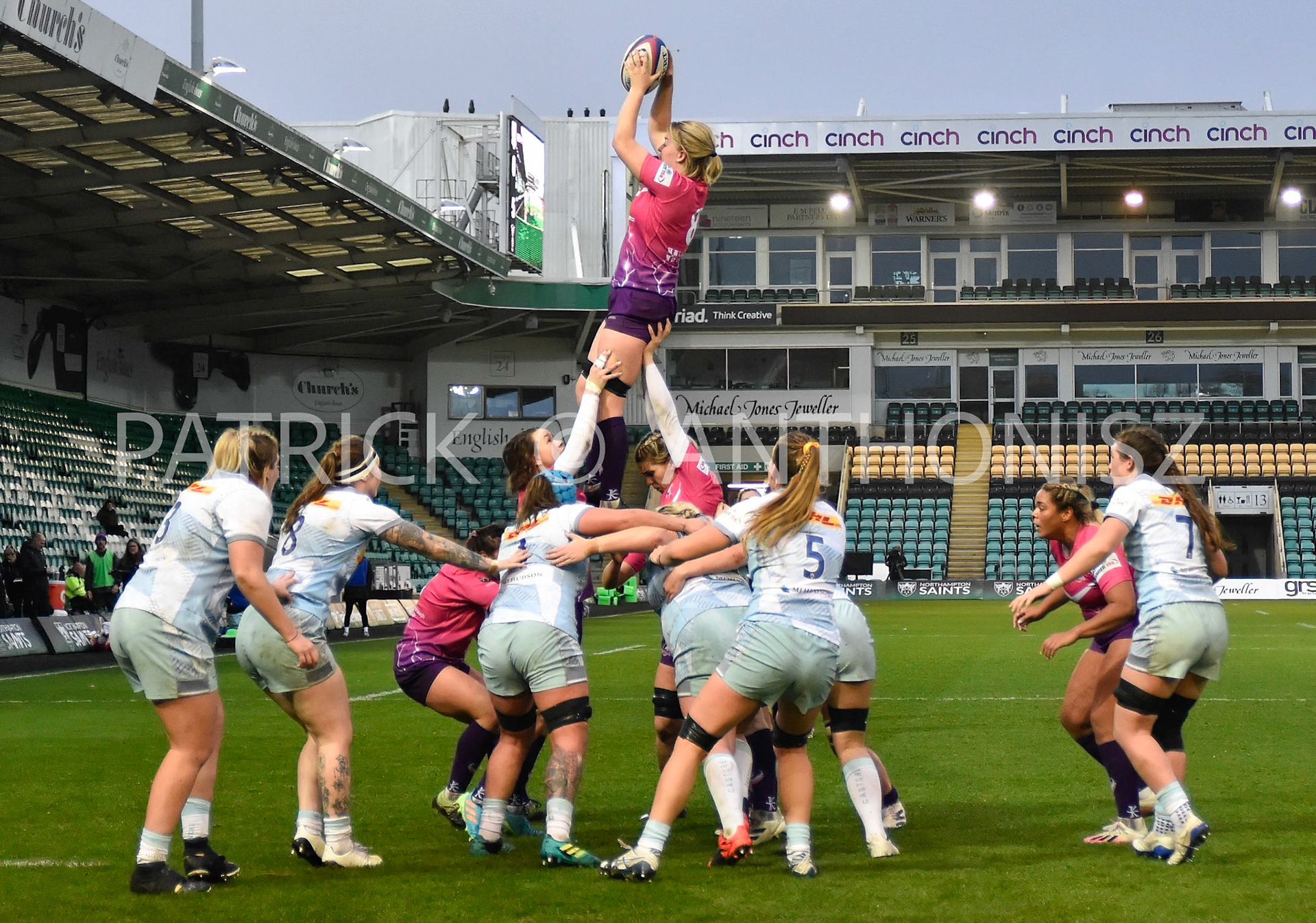NORTHAMPTON, ENGLAND- Nov -27 - 2022 : No 8  Daisy Hibbert Jones  in action during the match between Loughborough Lightning Vs Harlequins at Franklin's Gardens on November 27, 2022 in Northampton, England