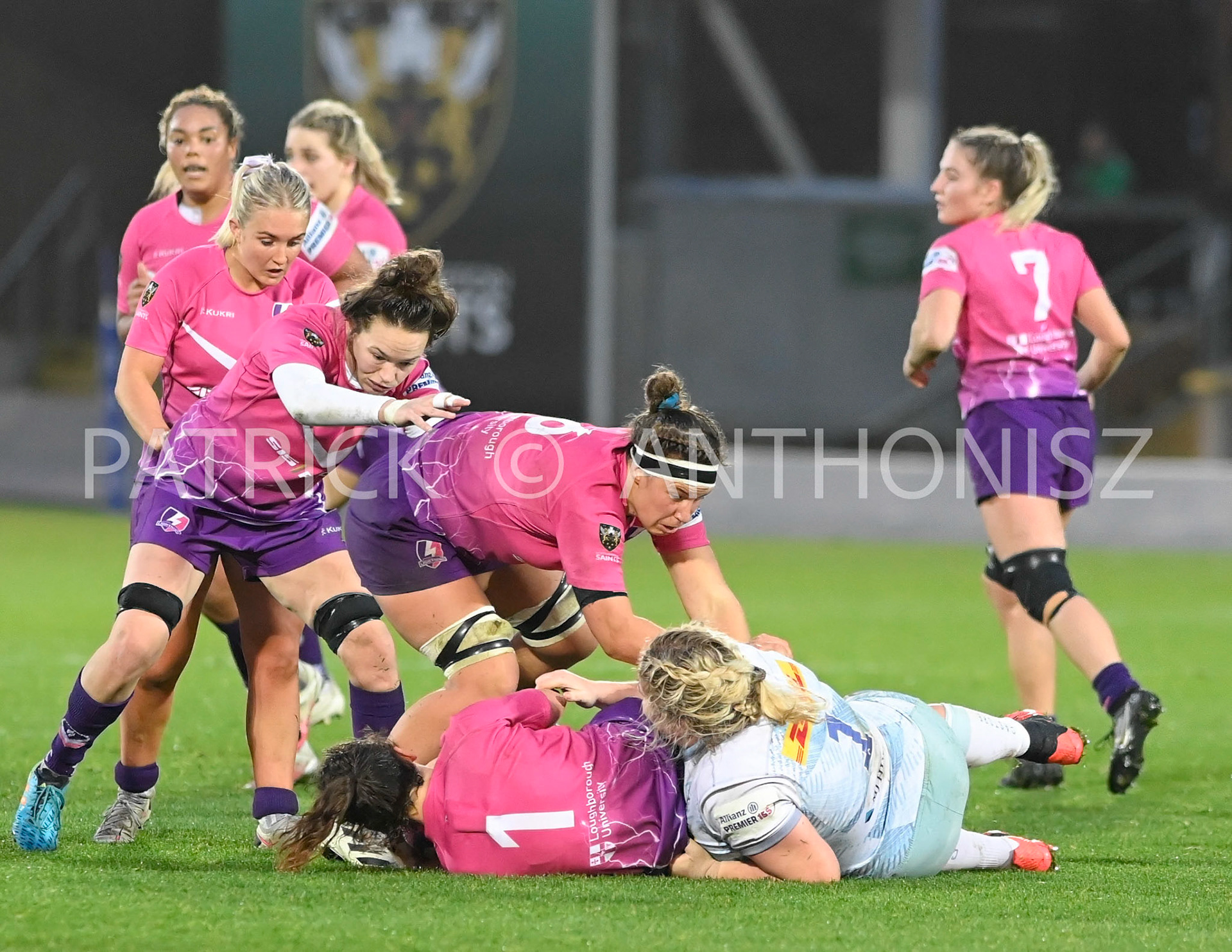 NORTHAMPTON, ENGLAND- Nov -27 - 2022 : Hannah Duffy of Harlequins  takes down Katie Trevarthen Lightning  during the match between Loughborough Lightning Vs Harlequins at Franklin's Gardens on November 27, 2022 in Northampton, England