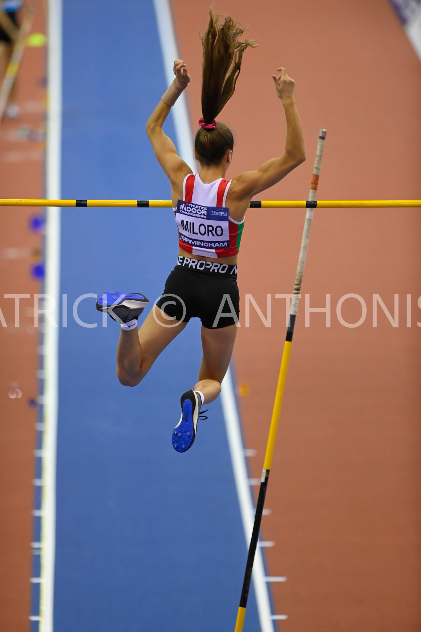 BIRMINGHAM, ENGLAND - FEBRUARY 18:Felicia Miloro in the Pole Vault   day 1 at the UK Athletics Indoor Championships at the Utilita Arena, Birmingham , England