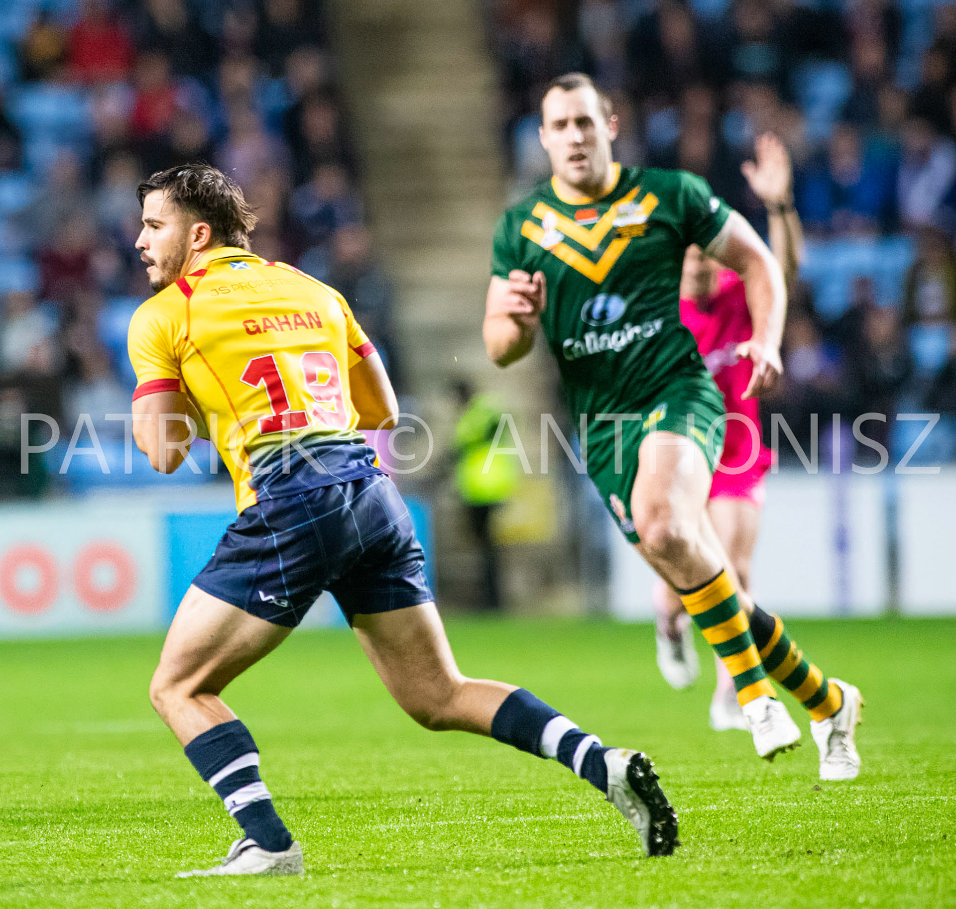 Coventry England  21st October:  Calum Gahan of Scotland in action during the Rugby League World Cup 2021 between Australia Vs Scotland  at  Coventry Building Society Arena on 21st October 2022 Australia 84: Scotland 0