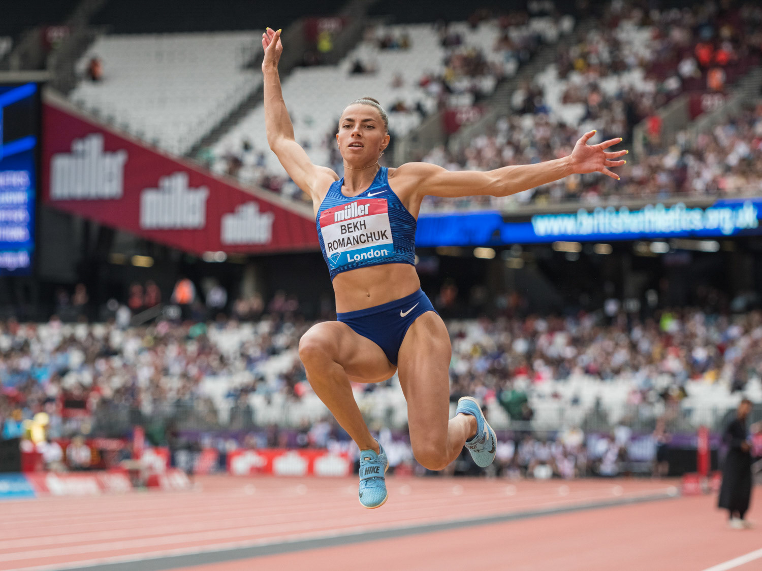 LONDON, ENGLAND - JULY 21: Beka-Romanchuk Matna  of UKA competes in the Women's Long Jump during Day Two  Muller Anniversary Games IAAF Diamond League  at the London Stadium on July 21, 2019 in London, England.