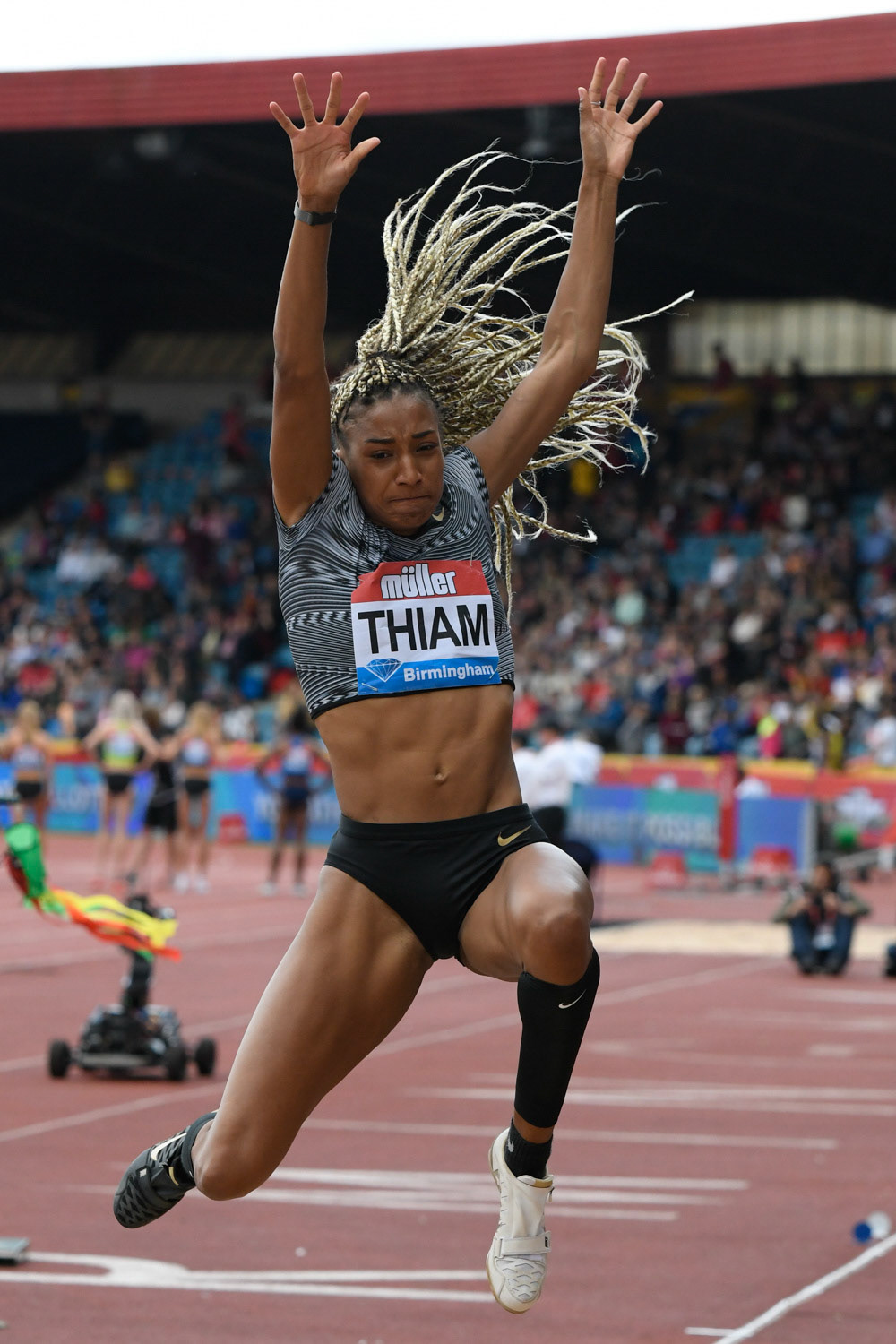 Birmingham. UK.. 18 August 2019.  Nafissatou Thiam (BEL)  in  action in the womens  long jump at the Muller Grand Prix. IAAF Diamond League athletics. Alexander stadium. Birmingham