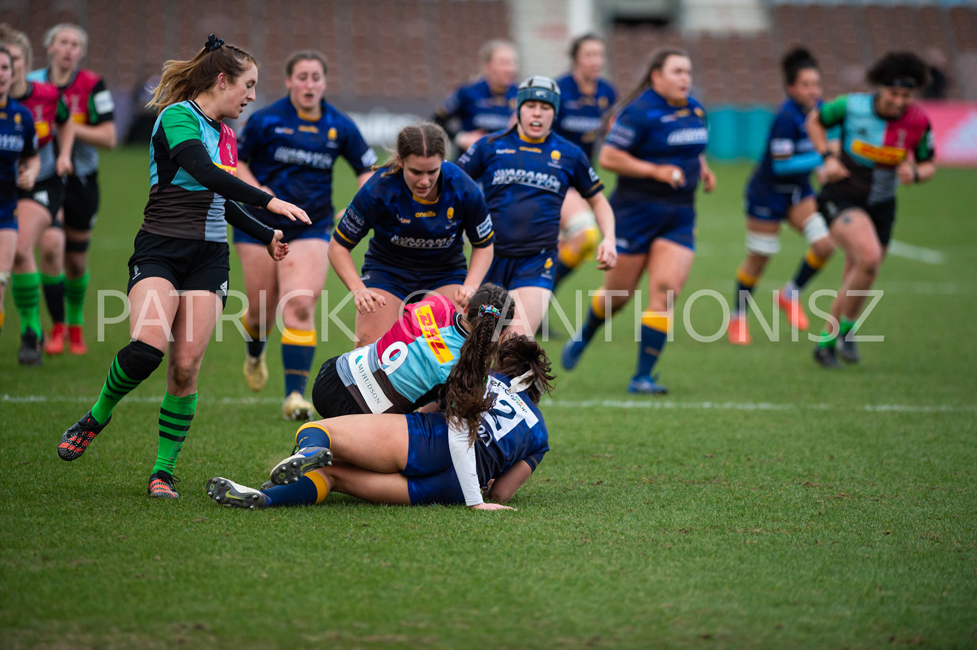 Harlequins Women Vs  Worcester WarriorsWomen's Allianz Premier 15sLondon,England February 12th 2022:   Megan Varley of Worcester Warriors is stop by Lucy Packer of Harlequins  match between  Harlequins Women Vs  Worcester Warriors at Twickenham Stoop .Final score:  Harlequins Rugby 42 : 15  Worcester Warriors