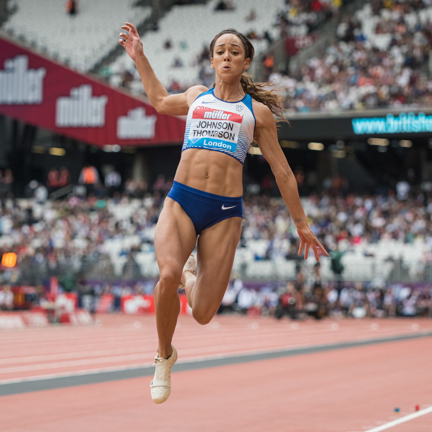 LONDON, ENGLAND - JULY 21: Katarina Johnson-Thompson of Great Britain in action in the Women's Long Jump during Day Two of the Muller Anniversary Games IAAF Diamond League London Stadium on July 21, 2019 in London, England.