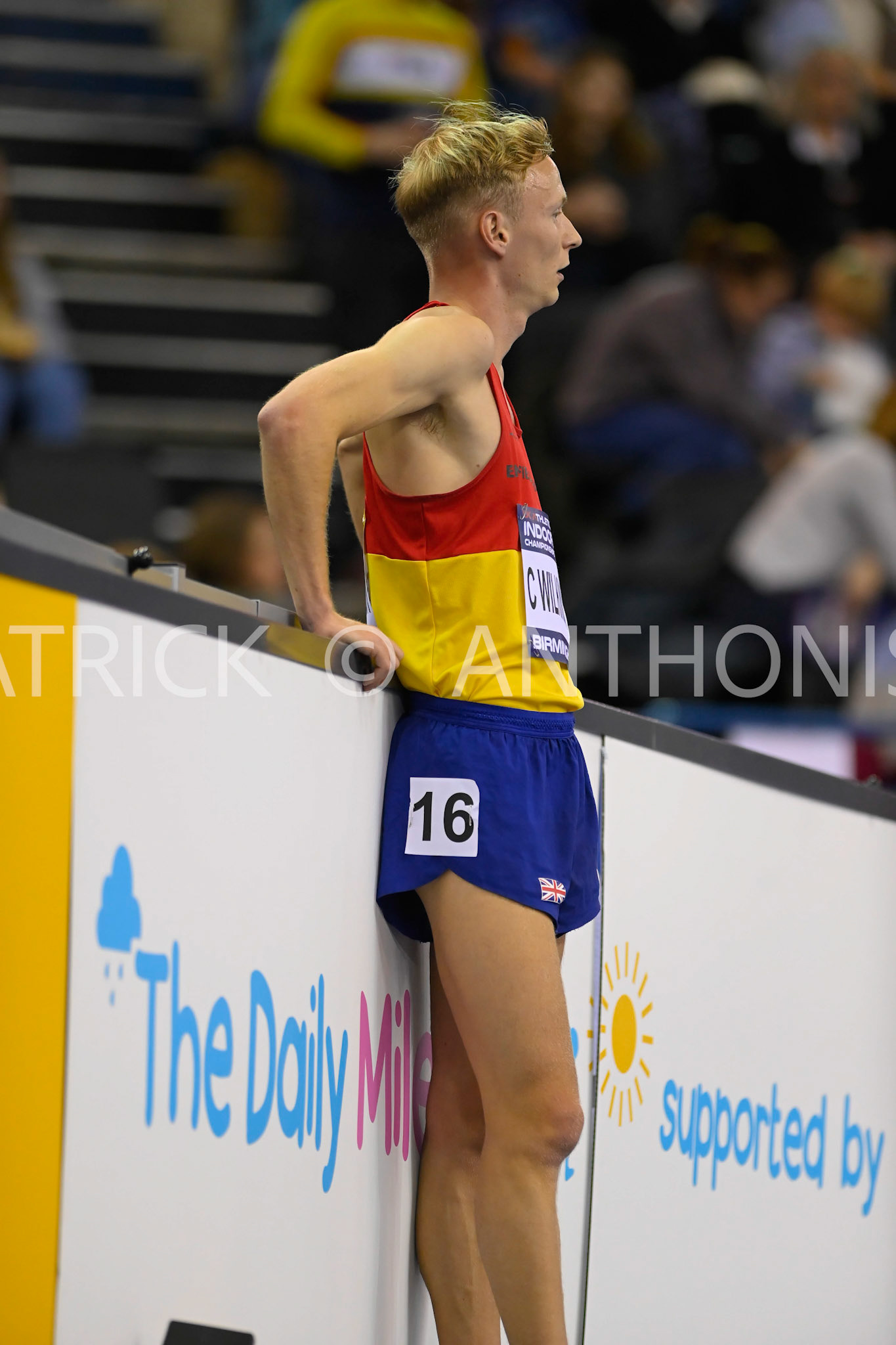 BIRMINGHAM, ENGLAND - FEBRUARY 19: Callum Wilkinsonin looks on after winning  the 3000 m Walk Final day 2 at 11.00.98 at the UK Athletics Indoor Championships at the Utilita Arena, Birmingham , England