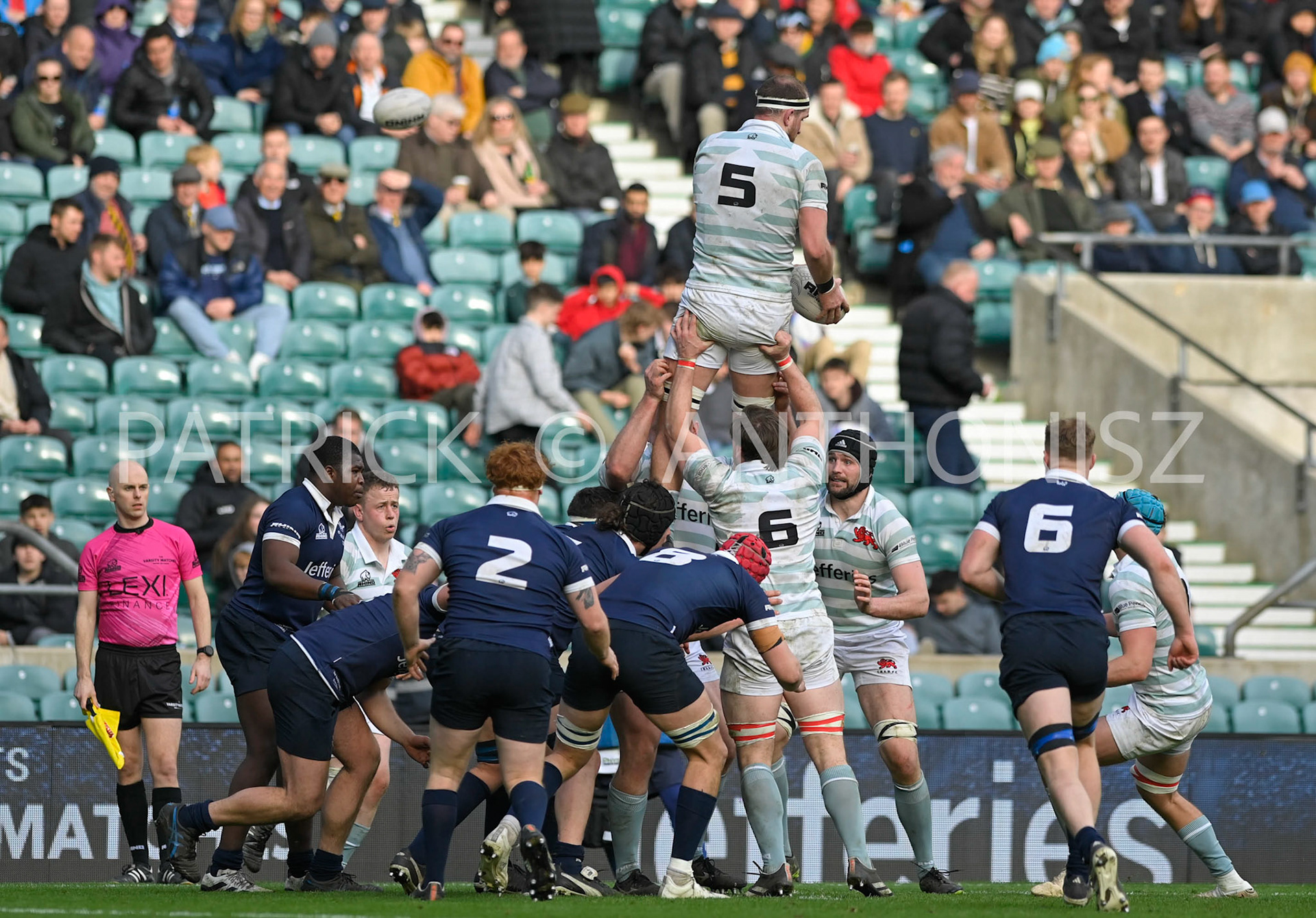 LONDON, ENGLAND March 25:Matt Symons (Queens’) of Cambridge wins the line out during the   Oxford University vs Cambridge University Men's Varsity match at Twickenham Stadium on Saturday March 25-2023 in London, England.