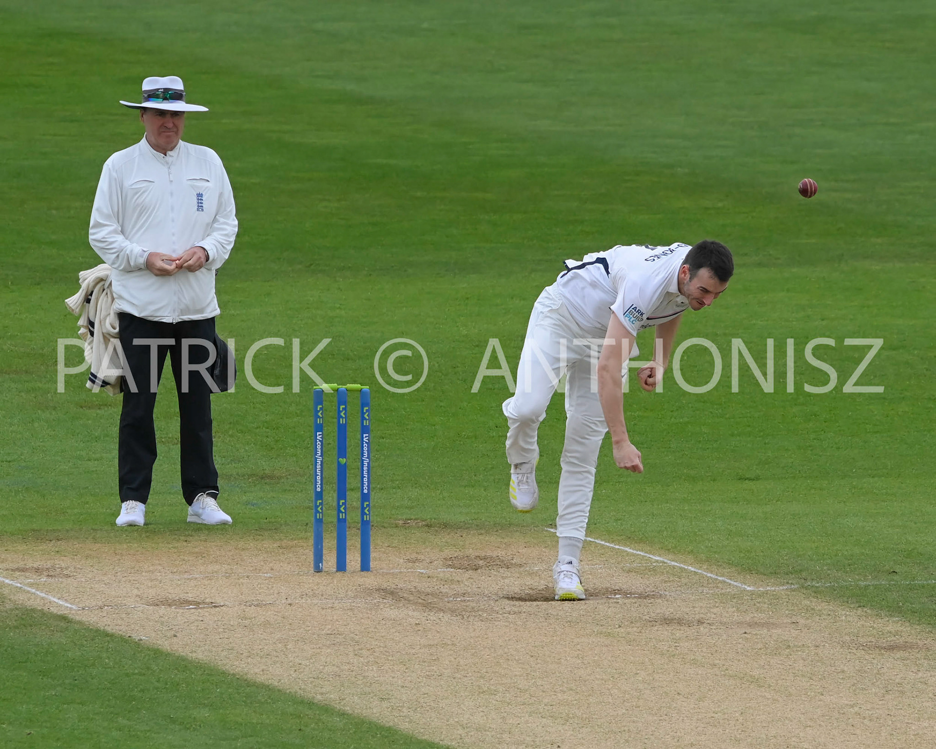 NORTHAMPTON, ENGLAND - April 16 2023 : TOBY ROLAND-JONES of Middlesex in action Day 4 of the LV= Insurance County Championship match between Northamptonshire and   Sun  April  16 at The County Ground  in Northampton, England.