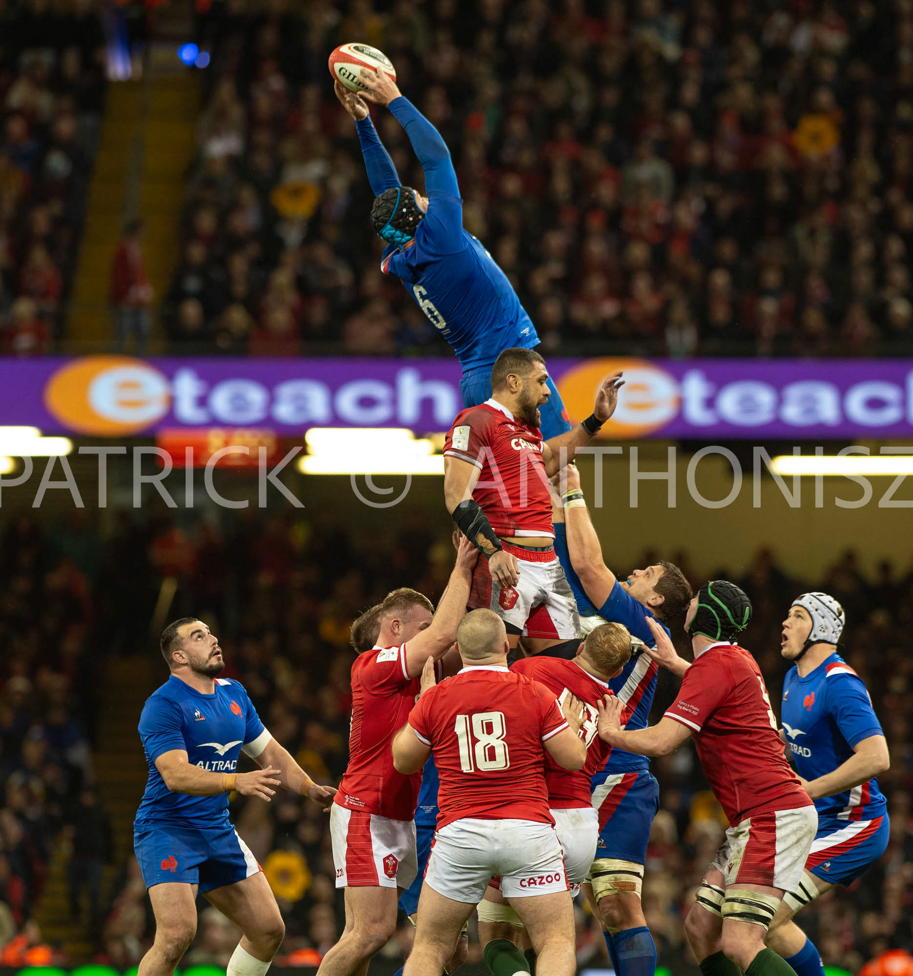 Wales v France  Guinness Six NationsCARDIFF, WALES 2022- March 11: François Cros of france wins the ball during the  Wales and France rugby match at thePrincipality Stadium on March 11/2022  in Cardiff, Wales.