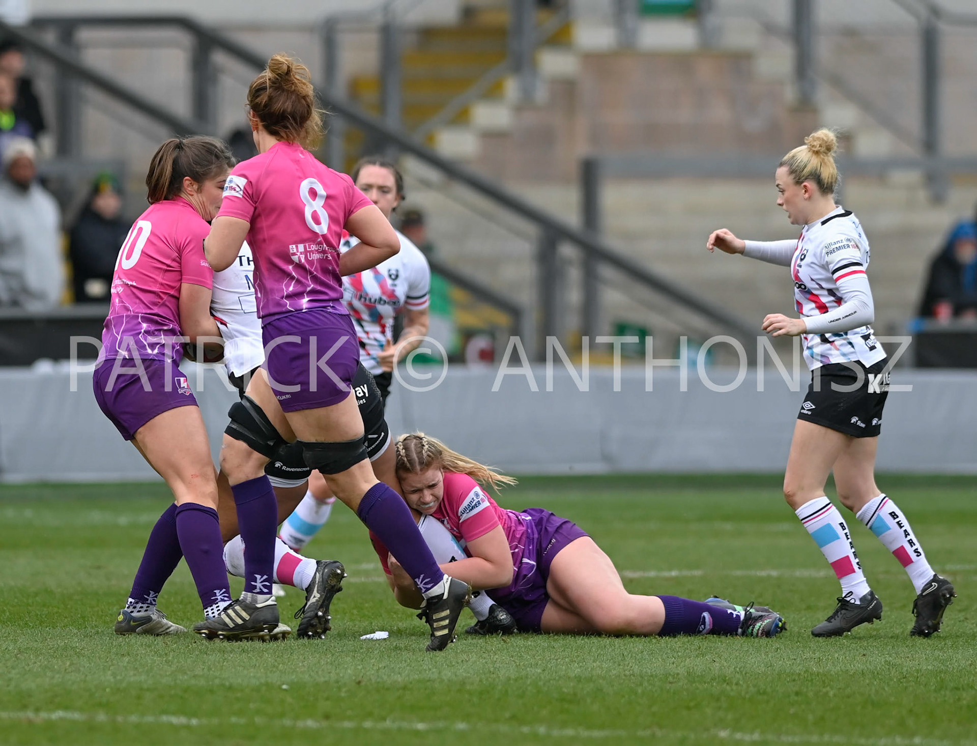 NORTHAMPTON, ENGLAND- Sat-4-2023: Rownita Marston of Bristol Bears is stop by no 10 Helen Nelson of LOUGHBOROUGH and no 15 Chloe Rollie   during the match between  Loughborough Lightning and Bristol Bears at Franklin's Gardens on Sat-4-2023 in Northampton, England