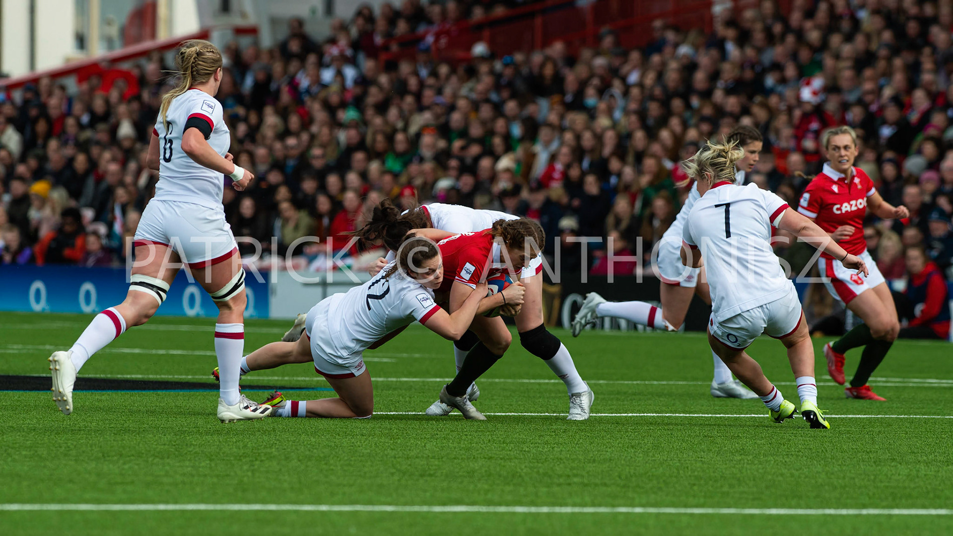 England Vs Wales Six Nations Gloucester 9 April 2022. Lisa Neumann of Wales is brought down by Helena Rowland of England  during the TikTok Women's Six Nations Rugby Championship match, England Red Roses Vs Wales  Rugby at the Kingsholm  Stadium Gloucester