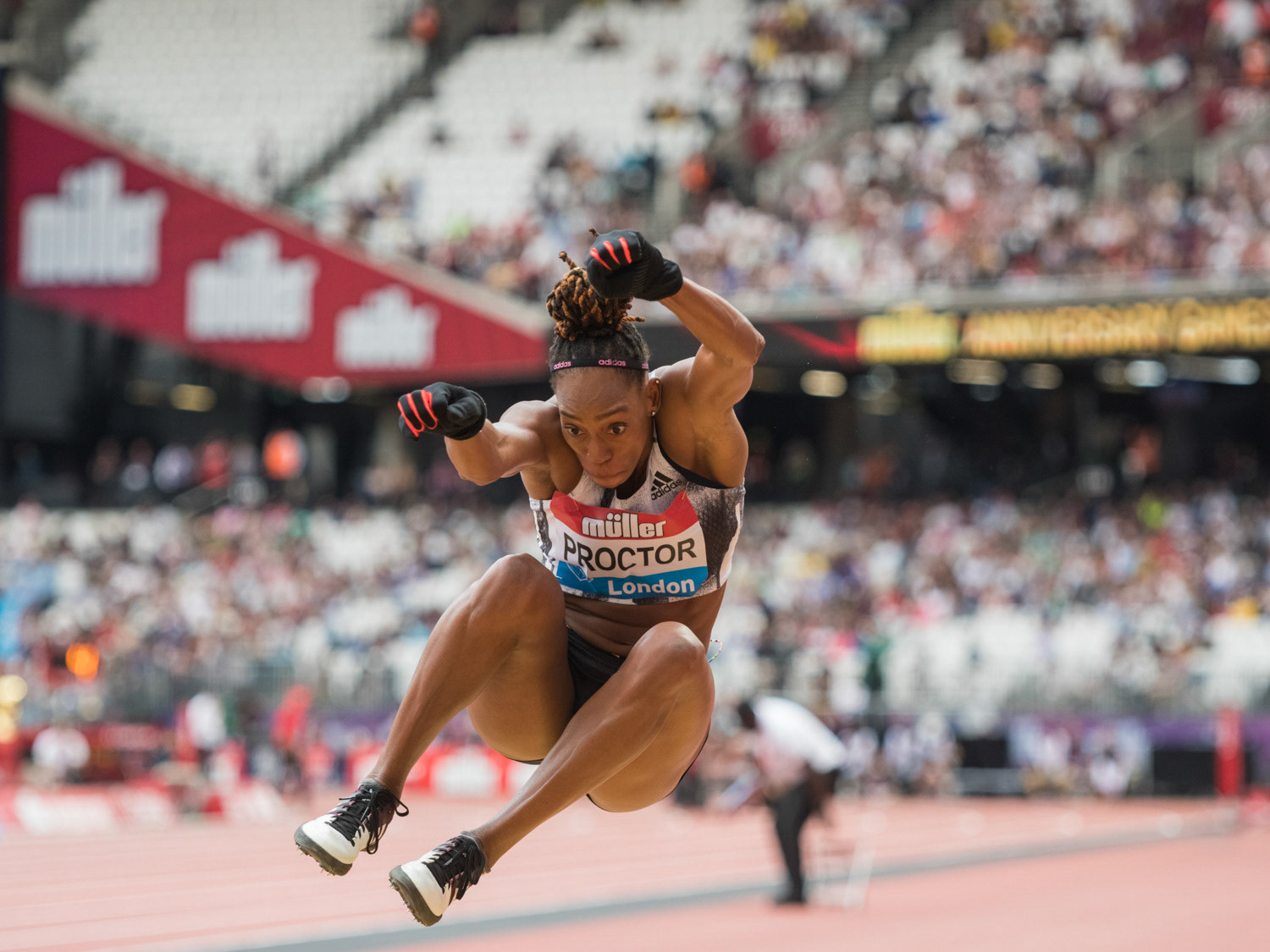 LONDON, ENGLAND - JULY 21: Shara  Proctor of GBR competes in the Women's Long Jump during Day Two  Muller Anniversary Games IAAF Diamond League  at the London Stadium on July 21, 2019 in London, England.
