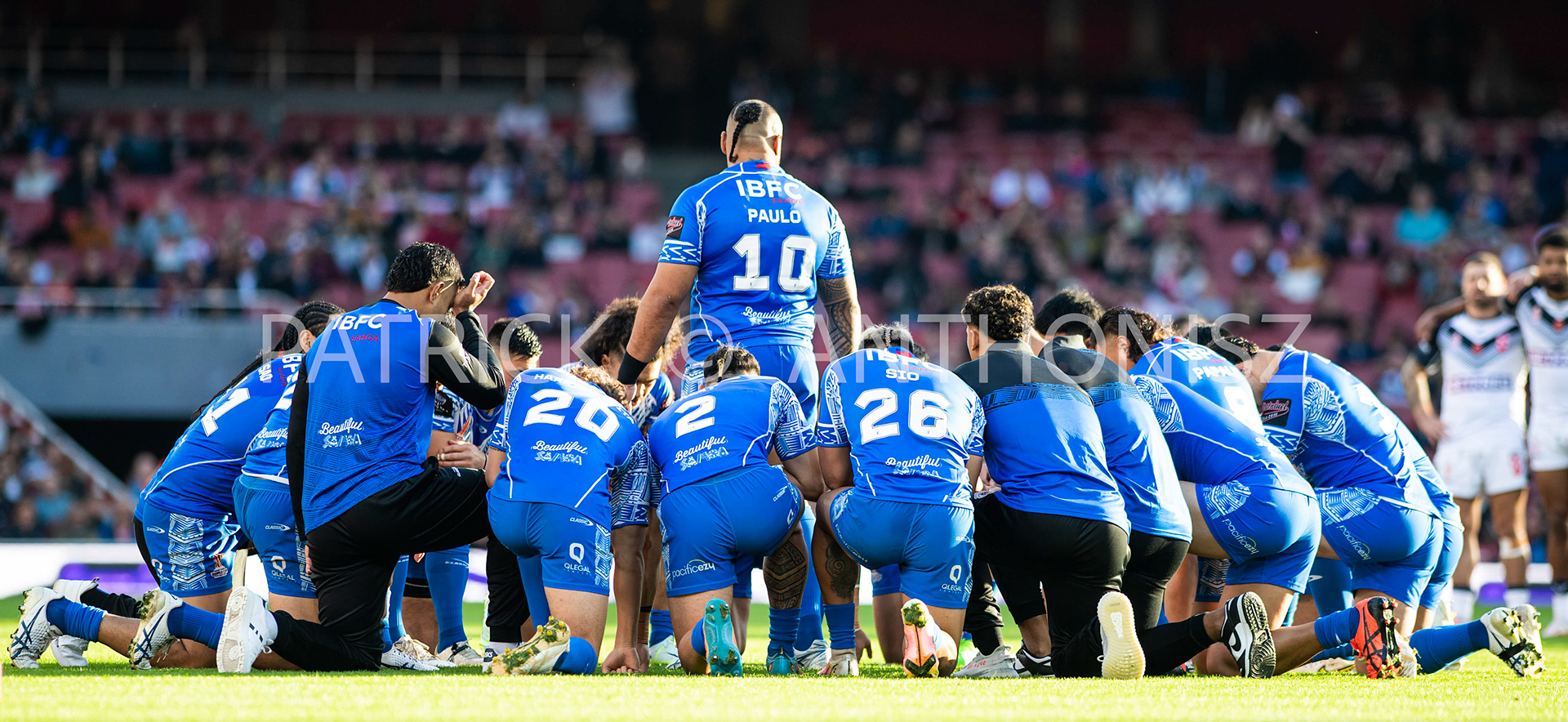 London  ENGLAND - NOVEMBER 12. Junior Paulo of Samoa leads The Manu Siva Tau the Samoan war dance during  the  Semi Final between England and Samoa at the Emirates Stadium on November 12 - 2022 in London, England.