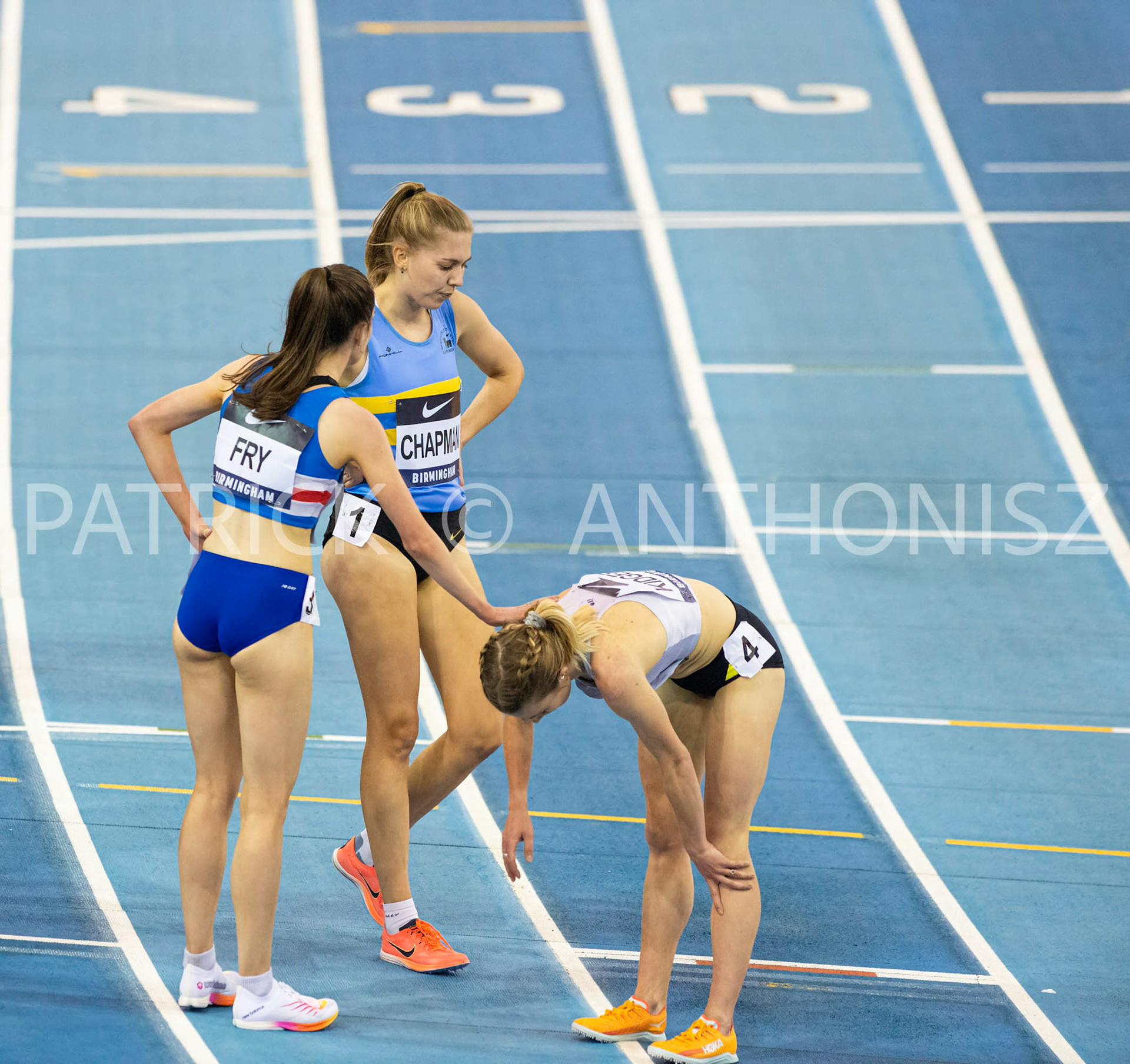 Saturday 27 February :  No (3) Isobal Fry No (1) Sarah Shapman  No(4) Beth Kidger reacts after competing in the  the 3000 Meters race at the UK Athletics Indoor Championships and World Trials in Birmingham at the Utilita Arena Birmingham Day 2