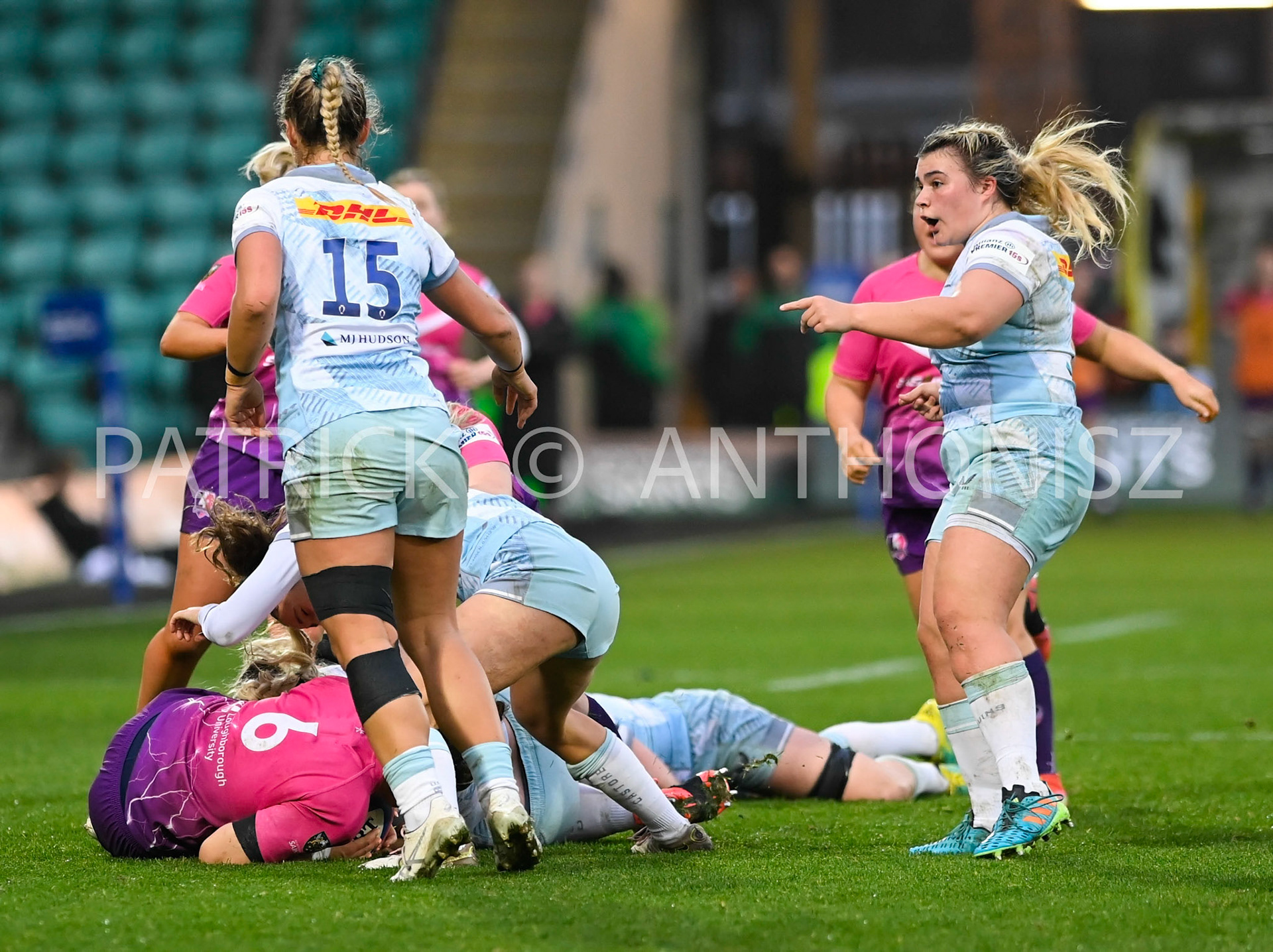 NORTHAMPTON, ENGLAND- Nov -27 - 2022 : Rachel Malcolm (c) of Loughborough Lightning brought down by Harlequins  defence  during the match between Loughborough Lightning Vs Harlequins at Franklin's Gardens on November 27, 2022 in Northampton, England
