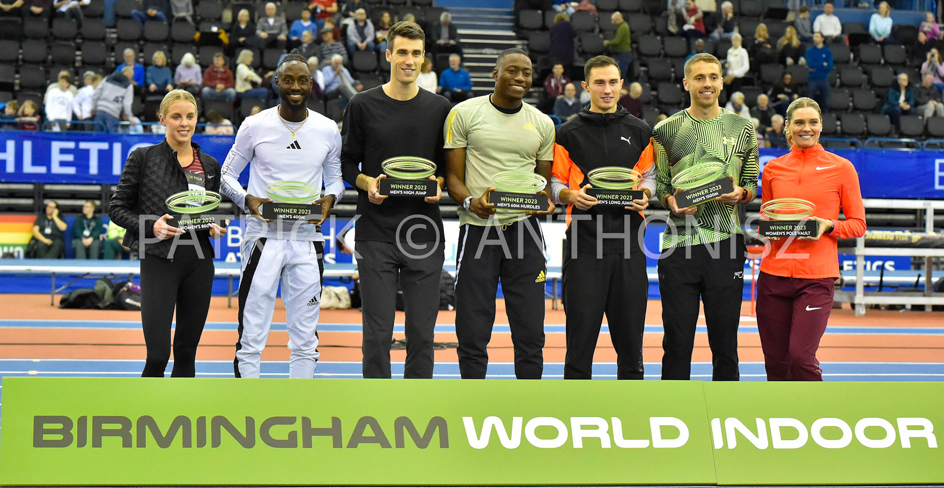 Birmingham, UK, 25 February 2023: Winners of the World INDOOR TOUR 2023Keely Hodgkinson (GBR)  in the Women  800M ,Jereem Richards (TTO)  in the mens  400 m race, Hamish Kerr (NZL)  the Mens High Jump , Grant Holloway of USA for the  Mens 60 Hurdles , Thobias Montler (SWE)Mens Long Jump ,Neil Gourley (GBR) in the Mens 1500mm  , Alysha Newman (CAN) WOMENS Pole Vault  Birmingham World Indoor Gold Tour Final  Utilita Arena, Birmingham on the 25 February , England