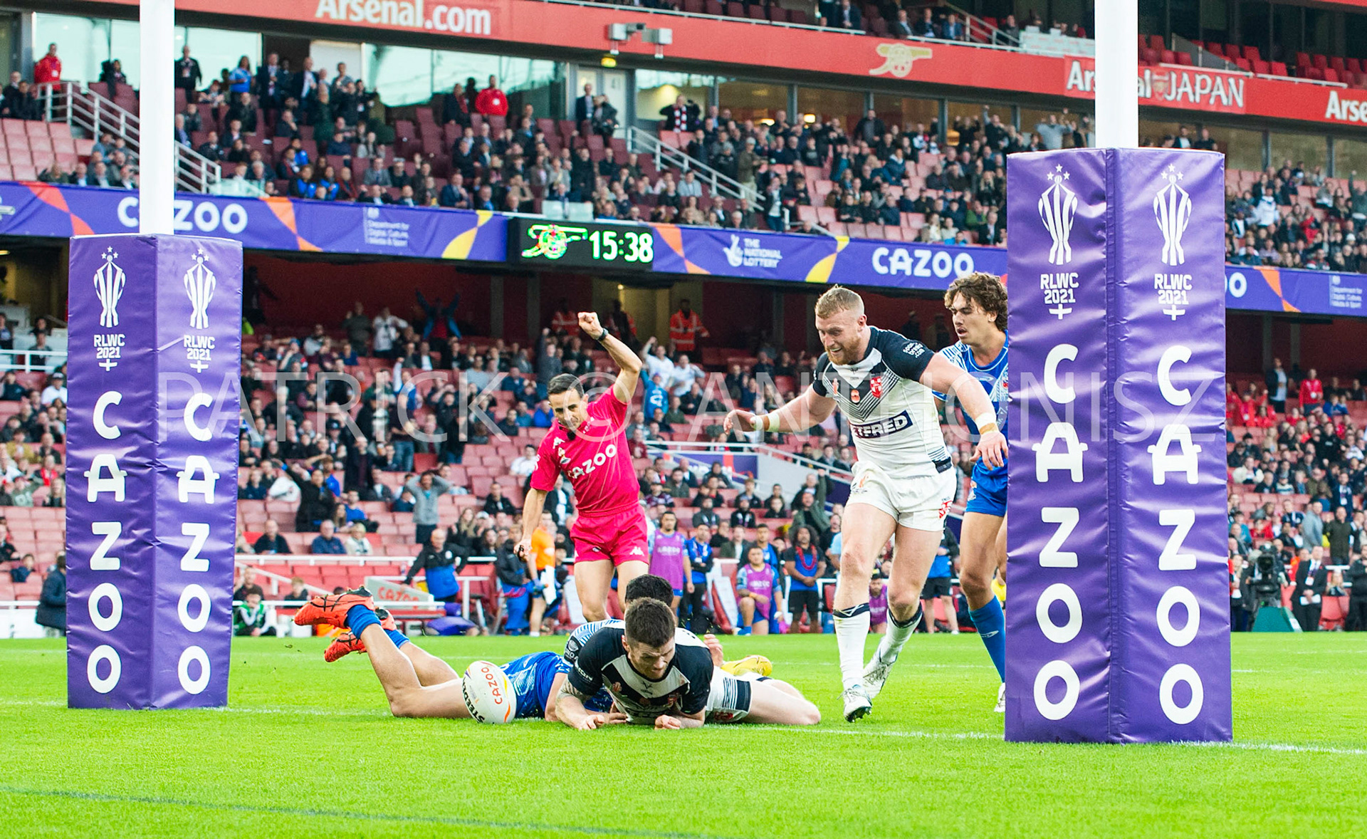 London  ENGLAND - NOVEMBER 12. John Bateman of England for the first England try during  the  Semi Final between England and Samoa at the Emirates Stadium on November 12 - 2022 in London, England.