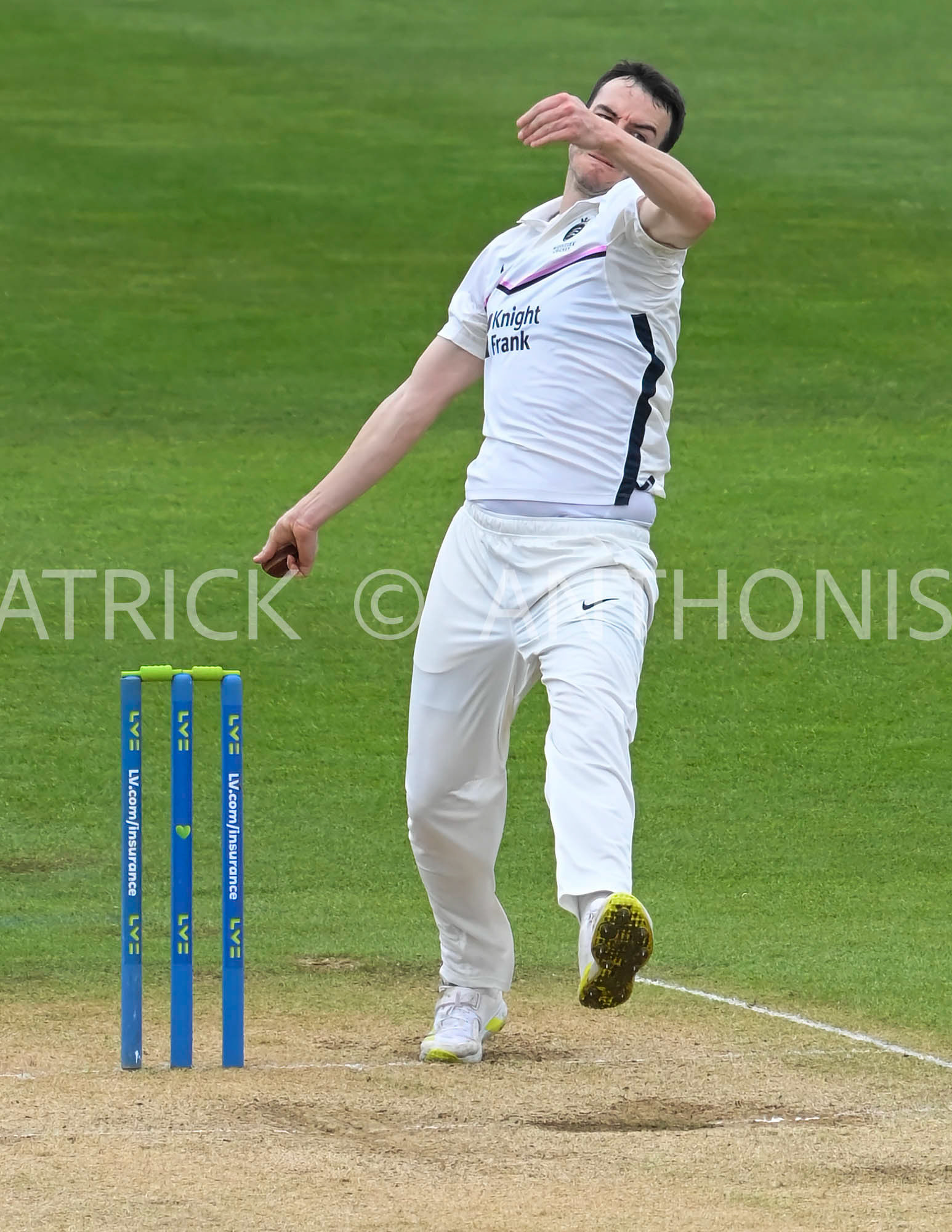 NORTHAMPTON, ENGLAND - April 16 2023 : TOBY ROLAND-JONES of Middlesex in action Day 4 of the LV= Insurance County Championship match between Northamptonshire and   Sun  April  16 at The County Ground  in Northampton, England.