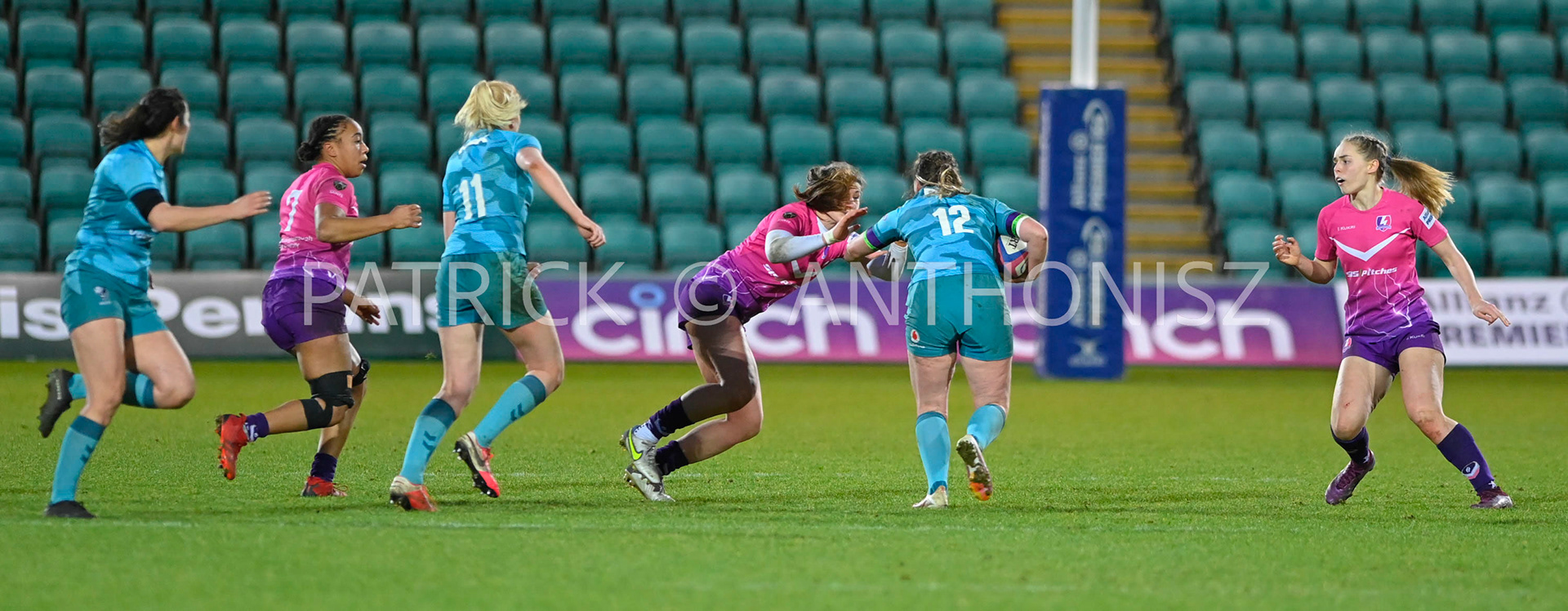 NORTHAMPTON, ENGLAND : Ellie Lennon of Wasps is stop by Helen Nelson of Loughborough Lightning  during Women's Allianz Premiership 15's match between Loughborough Lightning and  Wasps at Franklin's Gardens on  Sunday January  8 2023 in Northampton, England