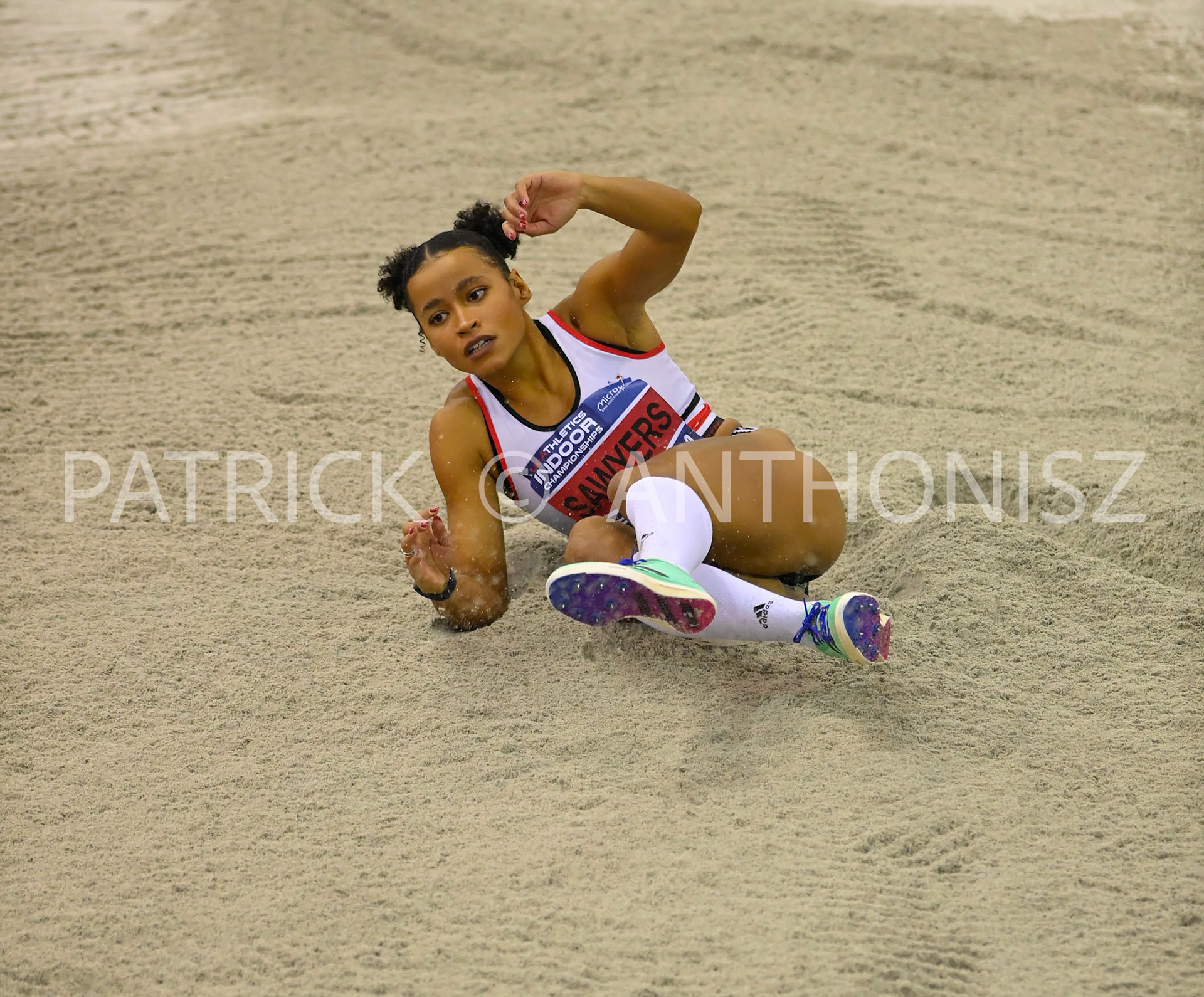 BIRMINGHAM, ENGLAND - FEBRUARY 19: JASMIN SAWERS in action during the long jump day 2 of the UK Athletics Indoor Championships at the Utilita Arena, Birmingham , England