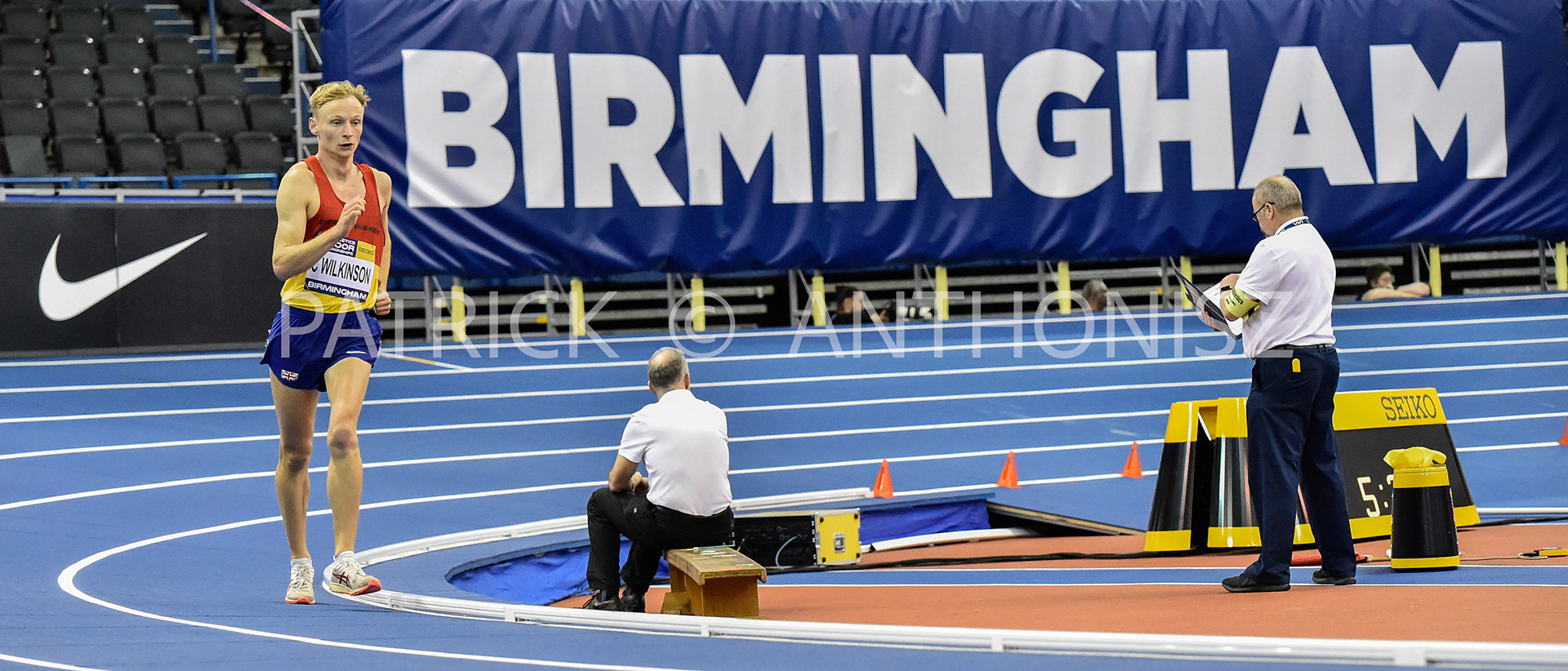 BIRMINGHAM, ENGLAND - FEBRUARY 19: Callum Wilkinsonin Wins the 3000 m Walk Final day 2 at 11.00.98 at the UK Athletics Indoor Championships at the Utilita Arena, Birmingham , England