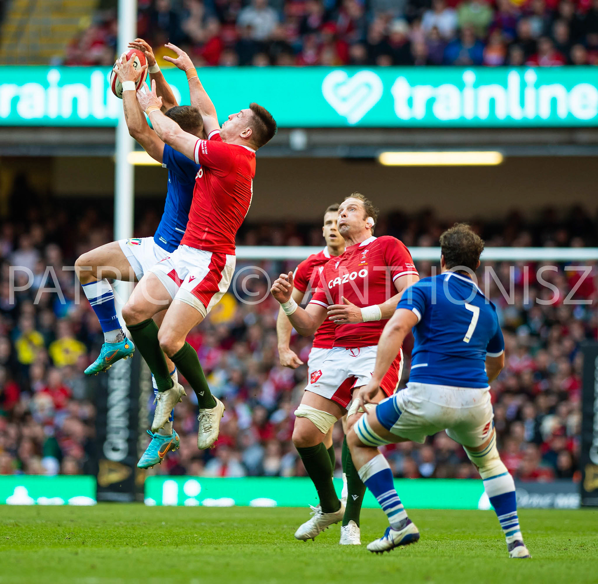 Wales v Italy Guinness Six Nations Cardiff, UK.19th Mar, 2022. Josh Adams of Wales tries to win the ball during the Guinness Six Nations Championship 2022 match, Wales v Italy at the Principality Stadium in Cardiff