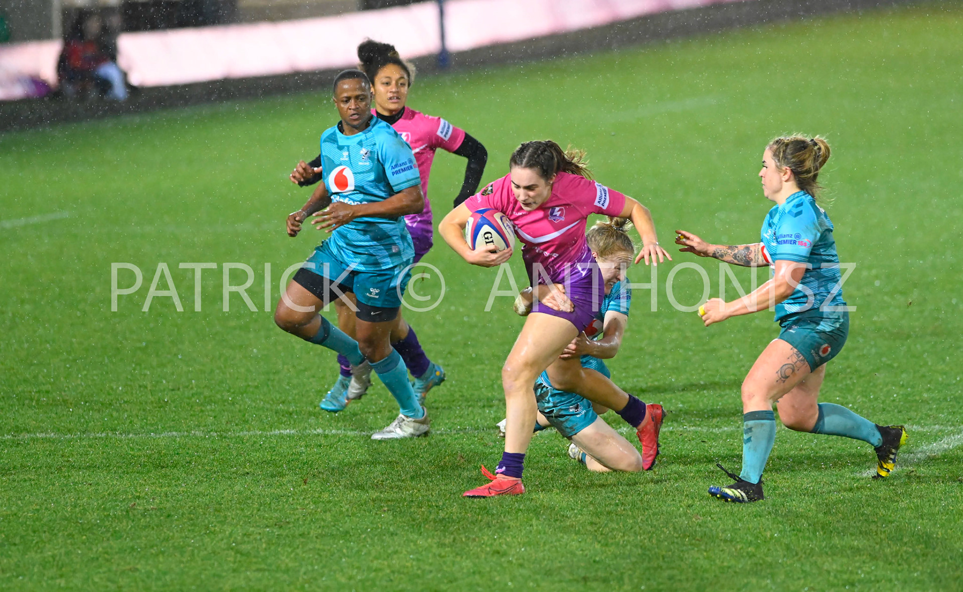 NORTHAMPTON, ENGLAND :  Bo Westcombe-Evans Loughborough Lightning is brought down by Liz Musgrove  of Wasps during Women's Allianz Premiership 15's match between Loughborough Lightning and  Wasps at Franklin's Gardens on  Sunday January  8 2023 in Northampton, England