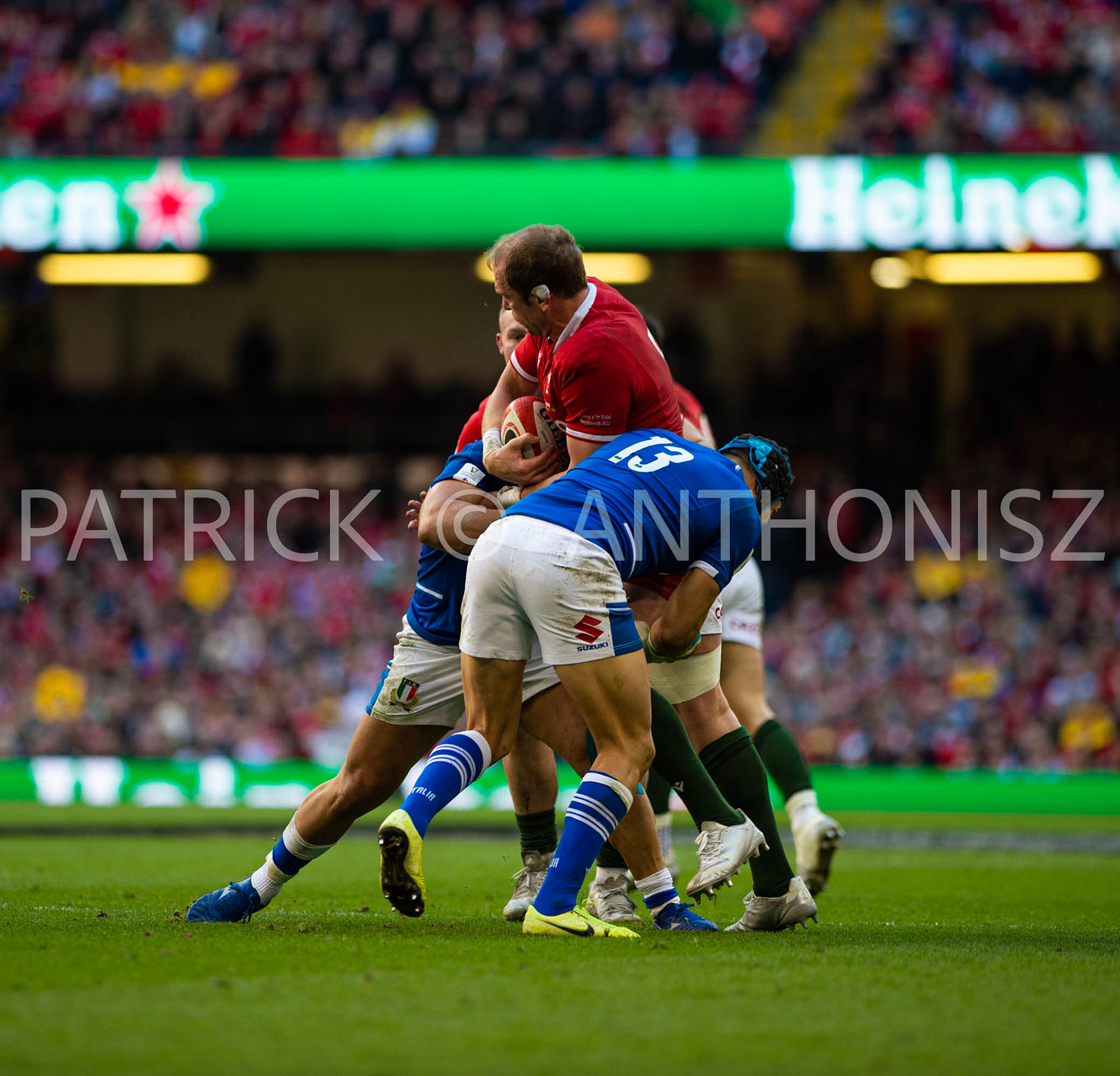 Wales v Italy Guinness Six Nations Cardiff, UK.19th Mar, 2022. Alun Wyn Jones of Wales is caught by Juan Ignacio Brex of Italy during the Guinness Six Nations Championship 2022 match, Wales v Italy at the Principality Stadium in Cardiff