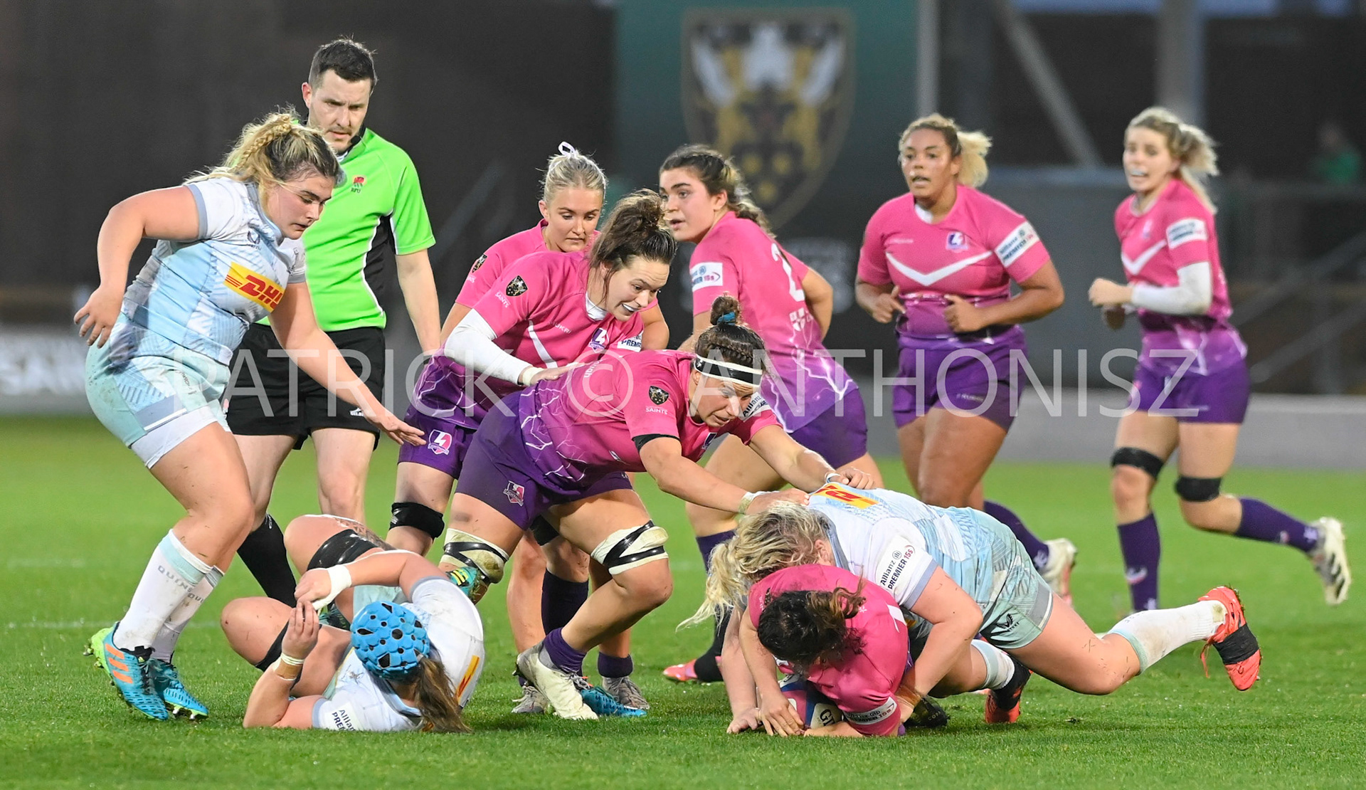NORTHAMPTON, ENGLAND- Nov -27 - 2022 : Hannah Duffy of Harlequins  takes down Katie Trevarthen Lightning  during the match between Loughborough Lightning Vs Harlequins at Franklin's Gardens on November 27, 2022 in Northampton, England