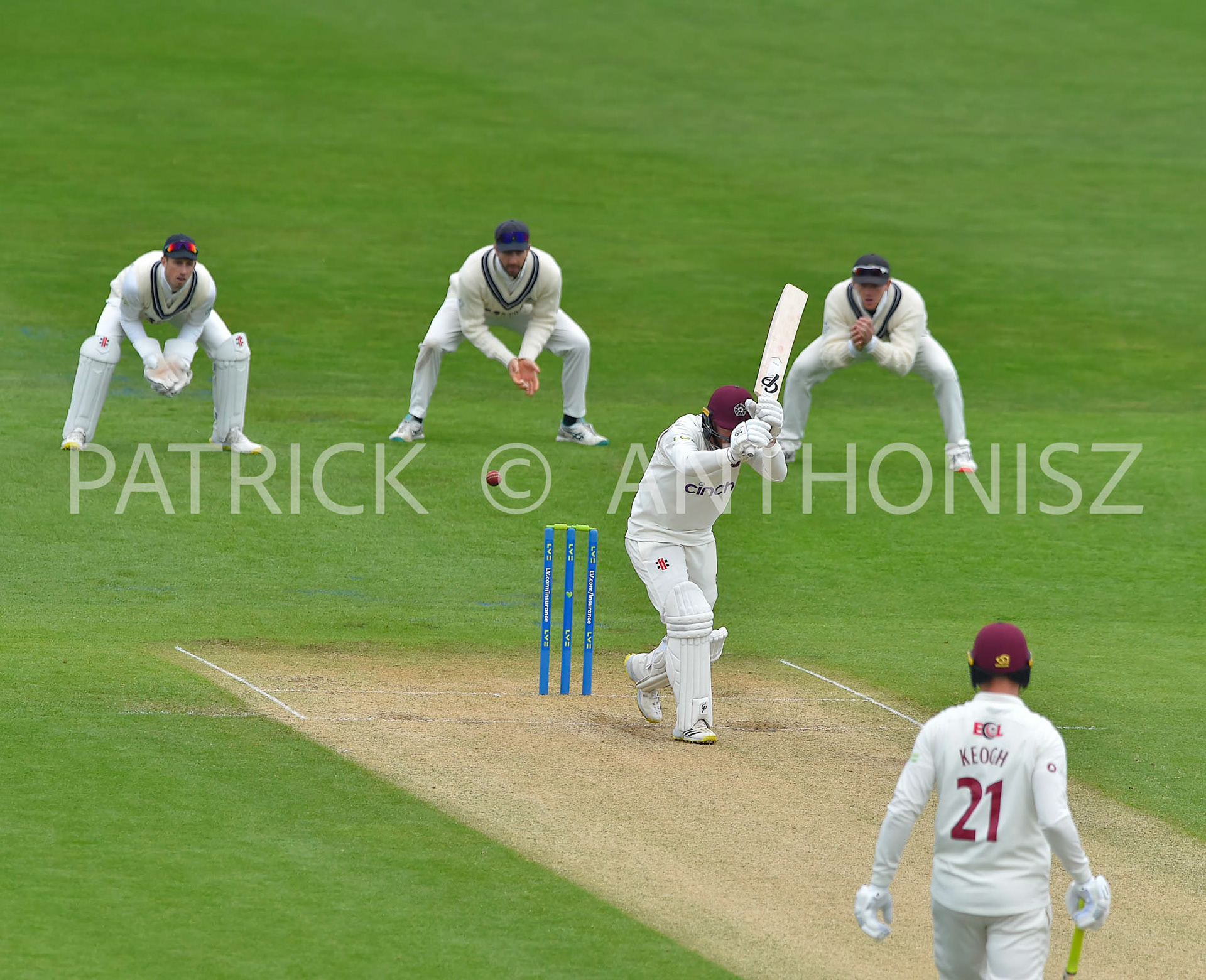 NORTHAMPTON, ENGLAND - April 15 2023 : Luke Procter bats for Northampton Day 3 of the LV= Insurance County Championship match between Northamptonshire and   Sat  April  15 at The County Ground  in Northampton, England.