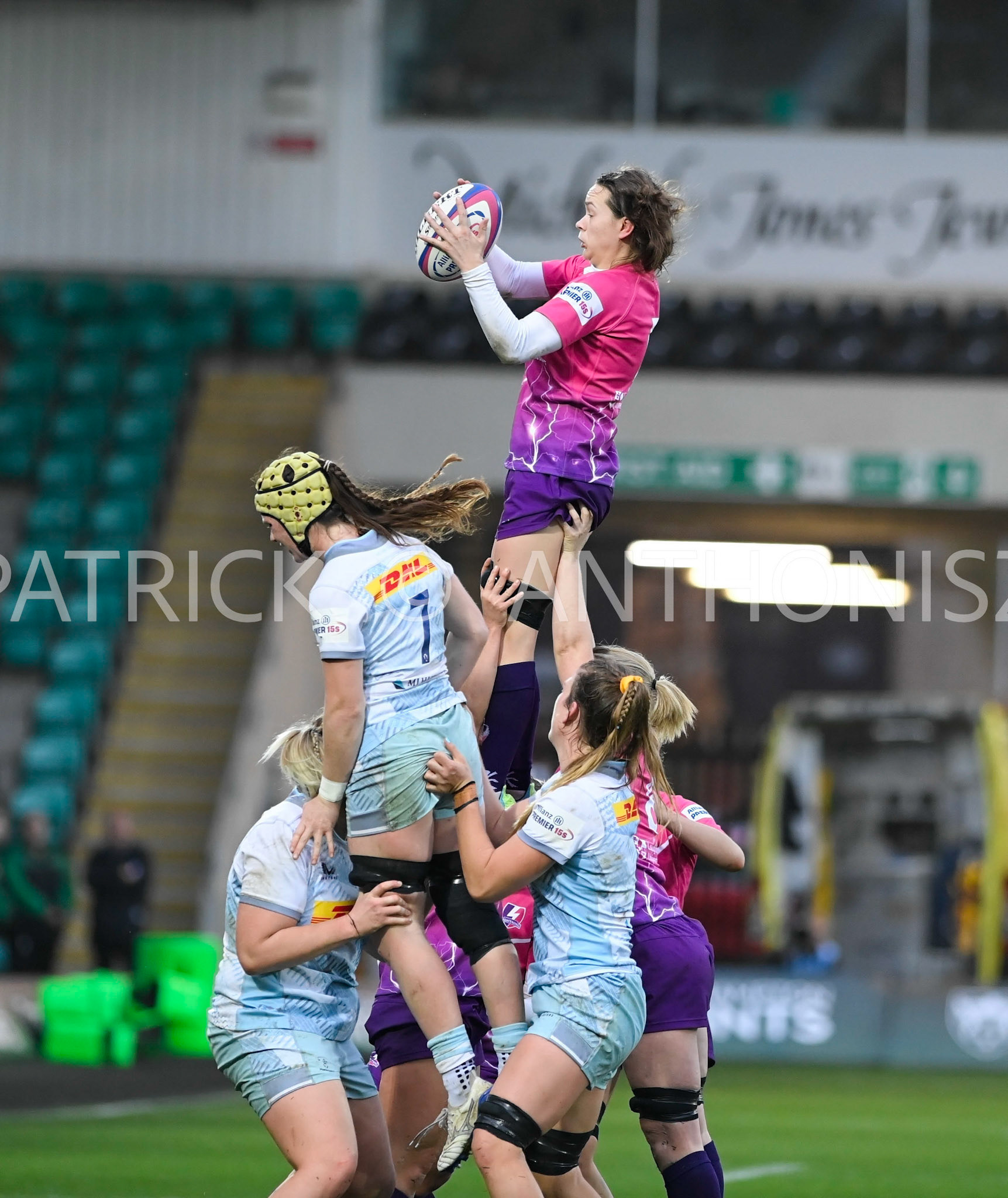 NORTHAMPTON, ENGLAND- Nov -27 - 2022 : Georgia Bradley wins the ball  during the match between Loughborough Lightning Vs Harlequins at Franklin's Gardens on November 27, 2022 in Northampton, England