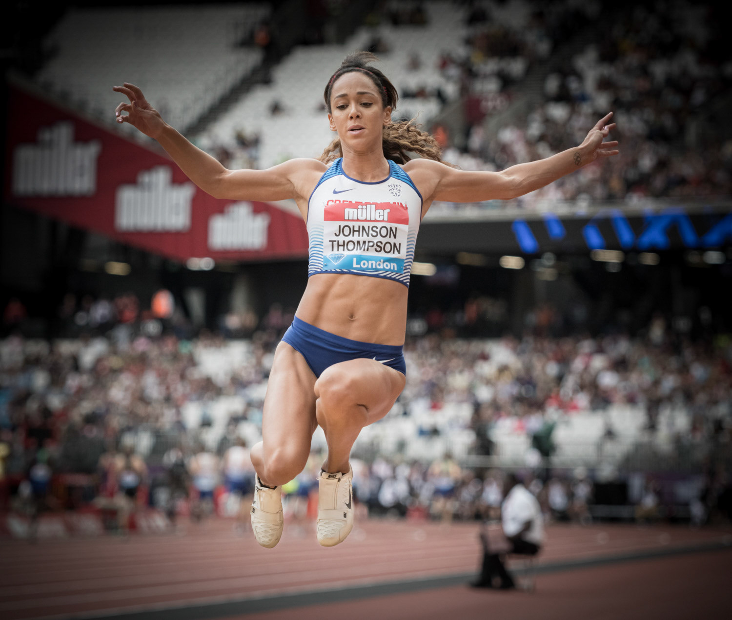 LONDON, ENGLAND - JULY 21: Katarina Johnson-Thompson of Great Britain in action in the Women's Long Jump during Day Two of the Muller Anniversary Games IAAF Diamond League London Stadium on July 21, 2019 in London, England.