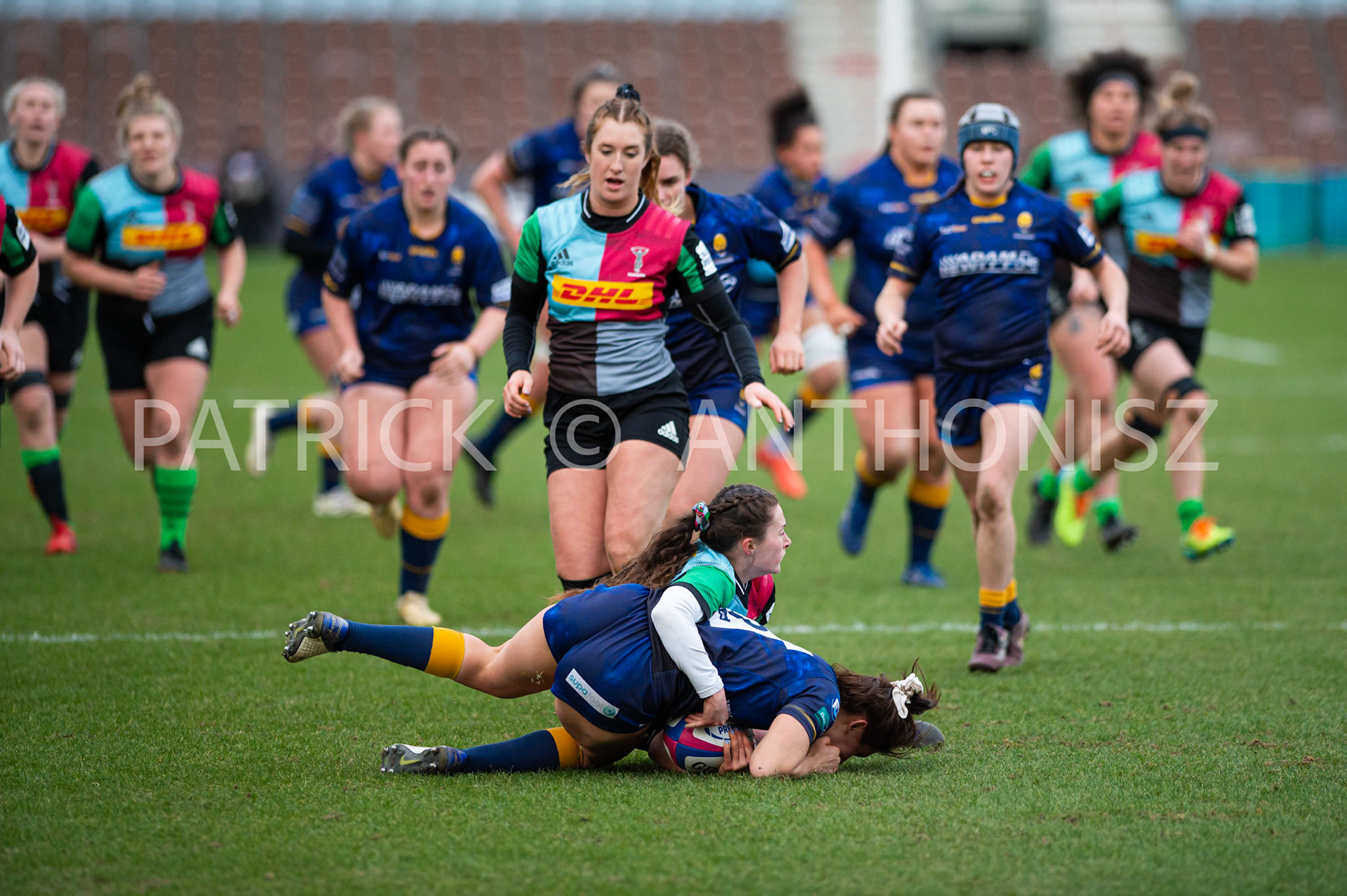 Harlequins Women Vs  Worcester WarriorsWomen's Allianz Premier 15sLondon,England February 12th 2022:   Megan Varley of Worcester Warriors is stop by Lucy Packer of Harlequins  match between  Harlequins Women Vs  Worcester Warriors at Twickenham Stoop .Final score:  Harlequins Rugby 42 :  15 Worcester Warriors
