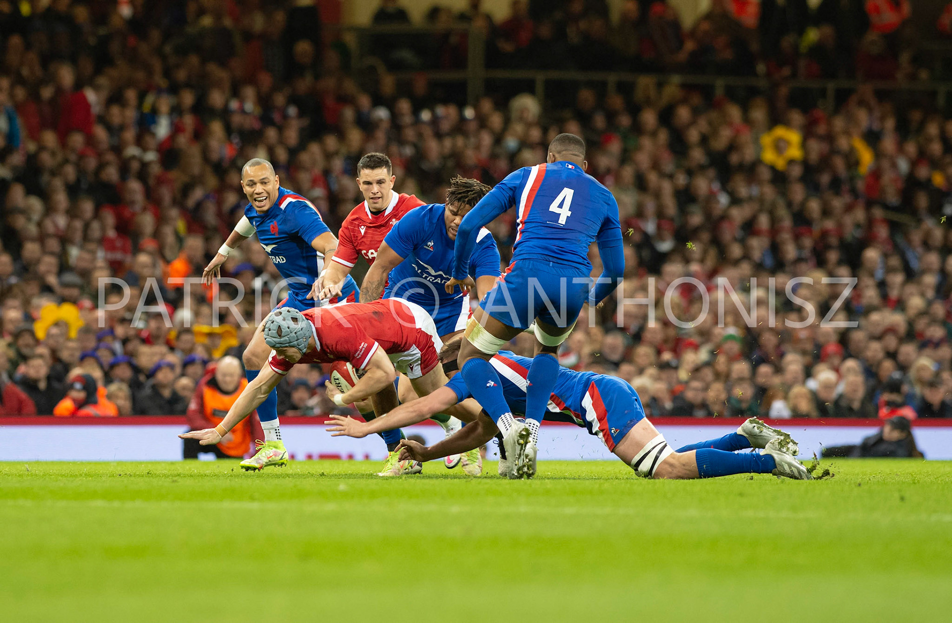 Wales v France  Guinness Six NationsCARDIFF, WALES 2022- March 11: Jonathan Danty tries to run with the ball at the  Wales and France rugby match  at the Principality Stadium on March 11/2022  in Cardiff, Wales.