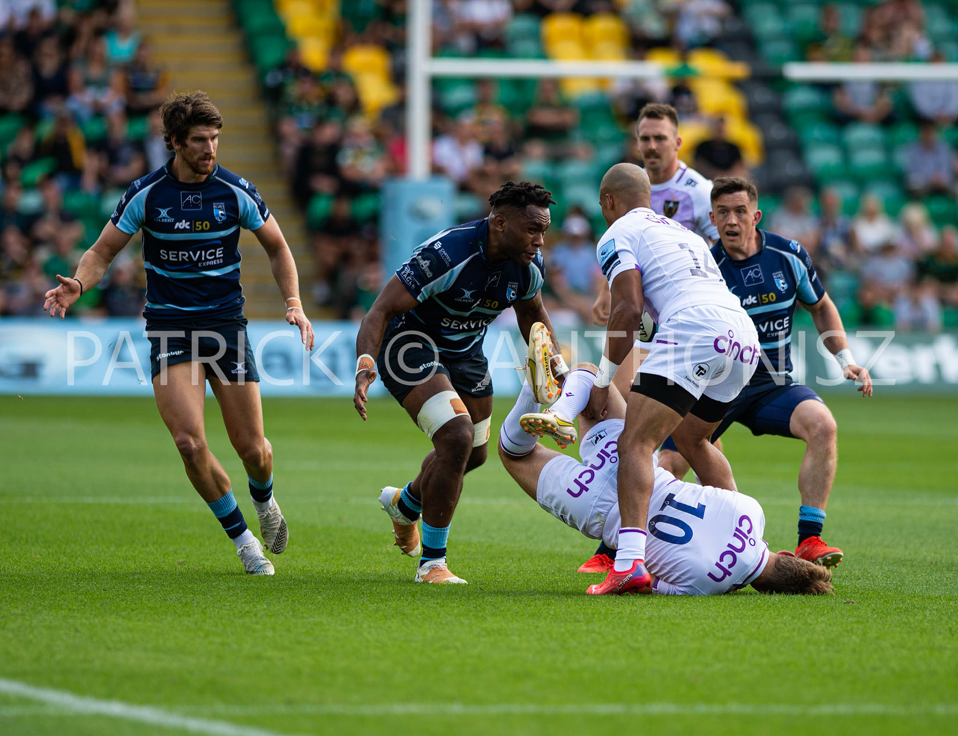 NORTHAMPTON, ENGLAND - August 27 : 2022  Matty Arden of northampton saints on the ground during the match between Northampton Saints and Bedford Blues  at Franklin's Gardens on August 27  2022 in Northampton, England.