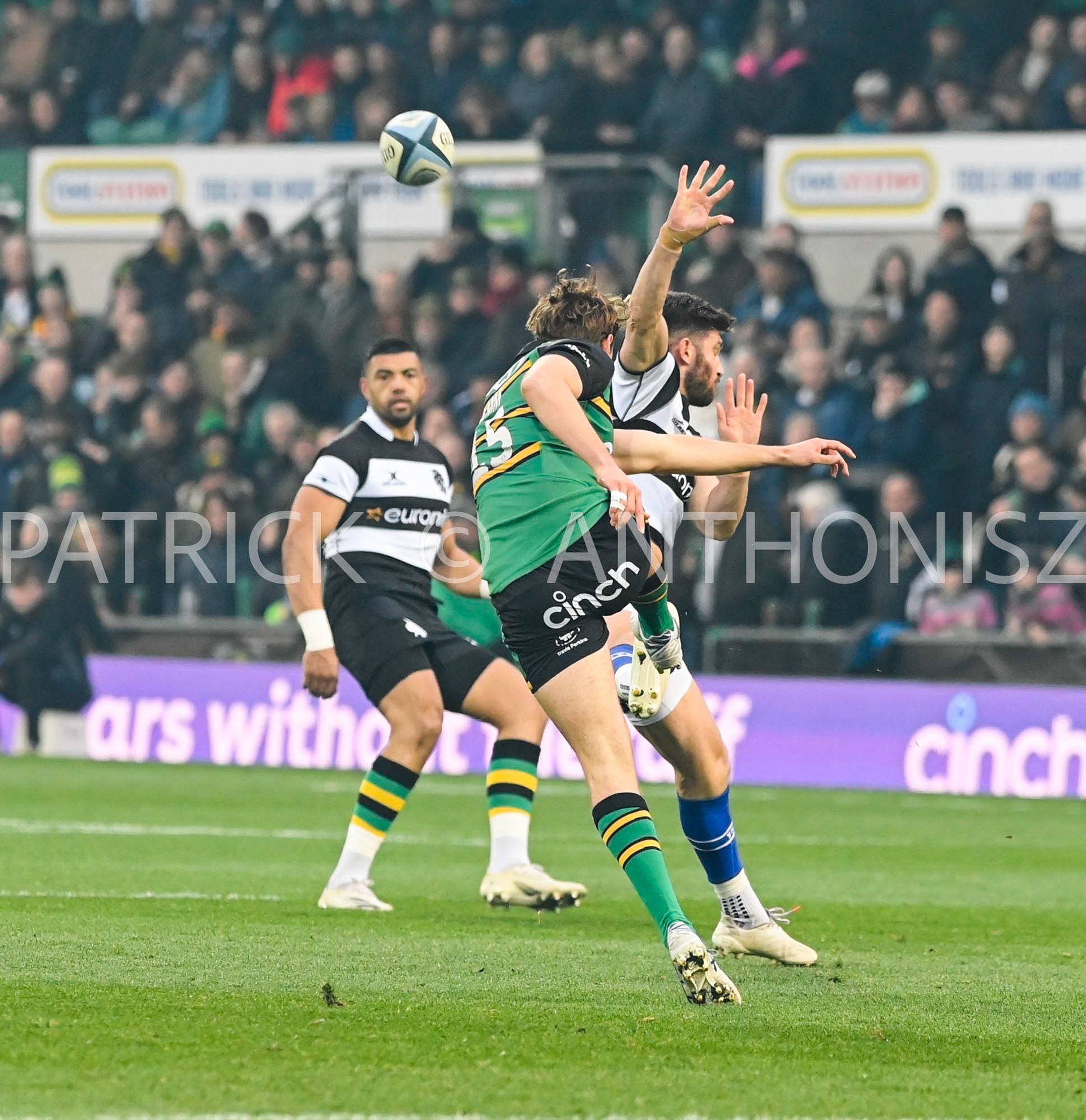 NORTHAMPTON, ENGLAND- Nov -26 - 2022 : James Ramm of Northampton Saints goes for a kick during the match between Northampton Saints and The Barbarians F C at Franklin's Gardens on November 26, 2022 in Northampton, England