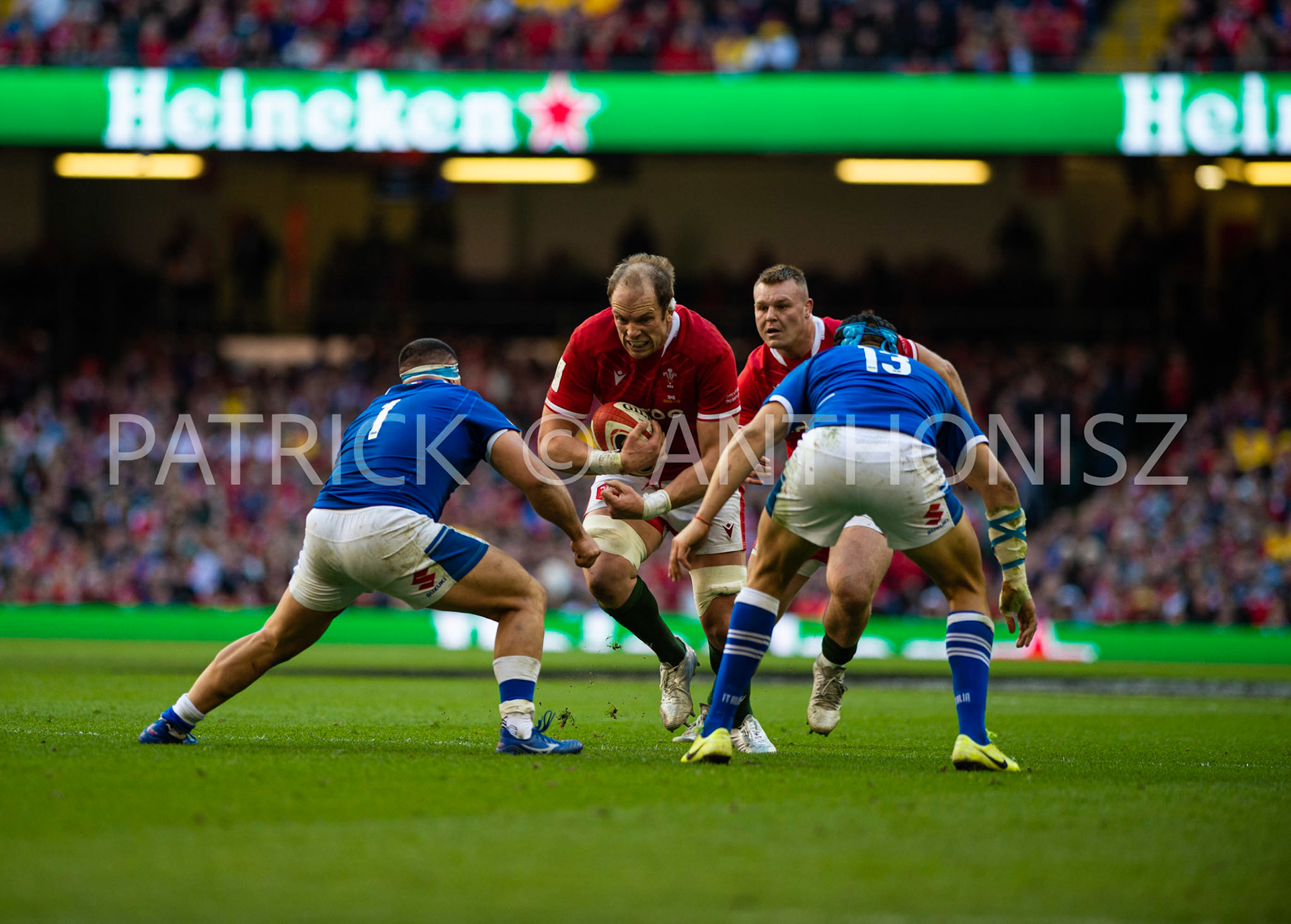 Wales v Italy Guinness Six Nations Cardiff, UK.19th Mar, 2022. Alun Wyn Jones of Wales makes a run pass no 1 Danilo Fischetti of Italy and no 13 Juan Ignacio Brex of Italy during the Guinness Six Nations Championship 2022 match, Wales v Italy at the Principality Stadium in Cardiff