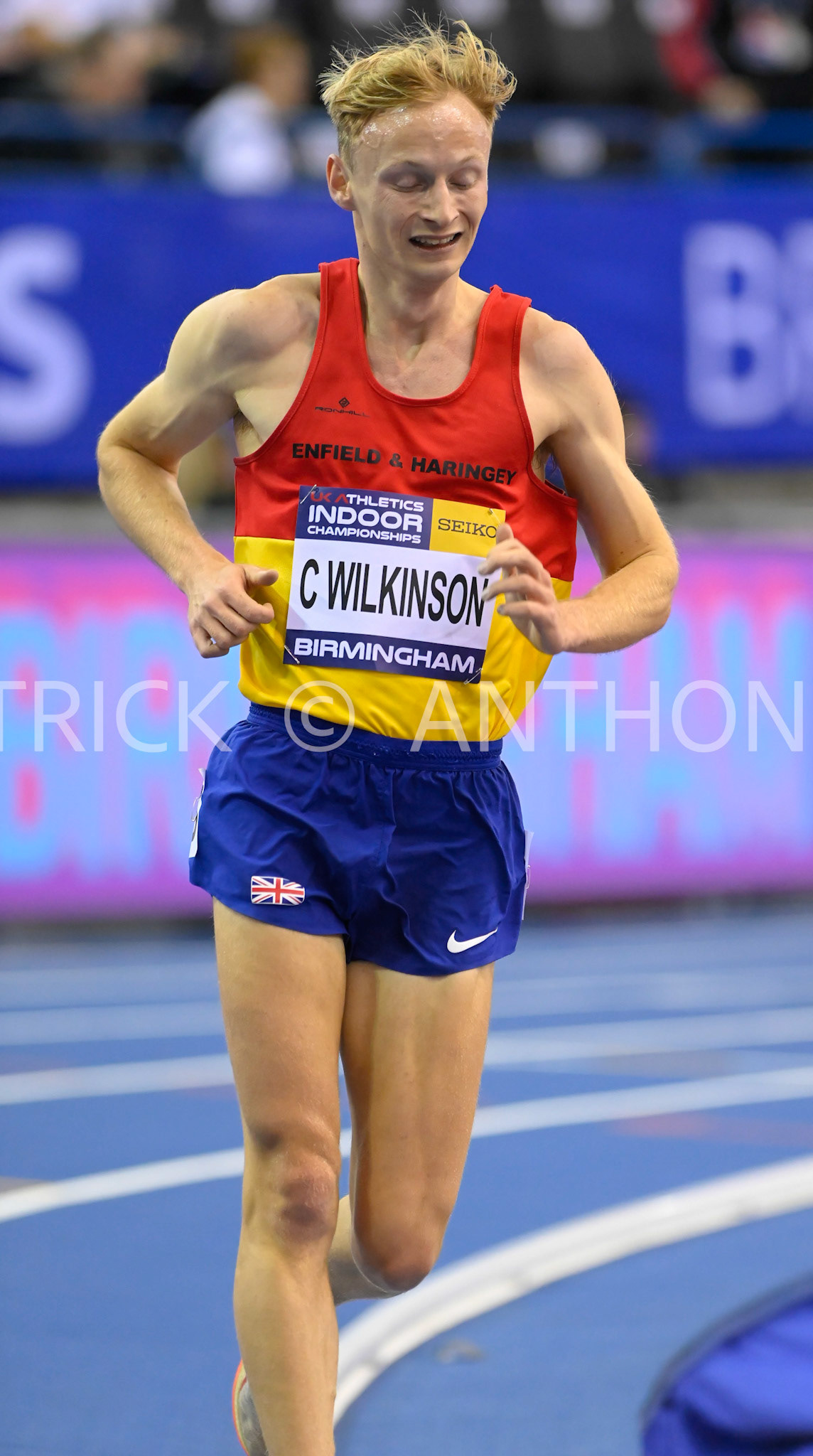 BIRMINGHAM, ENGLAND - FEBRUARY 19: Callum Wilkinsonin Wins the 3000 m Walk Final day 2 at 11.00.98 at the UK Athletics Indoor Championships at the Utilita Arena, Birmingham , England