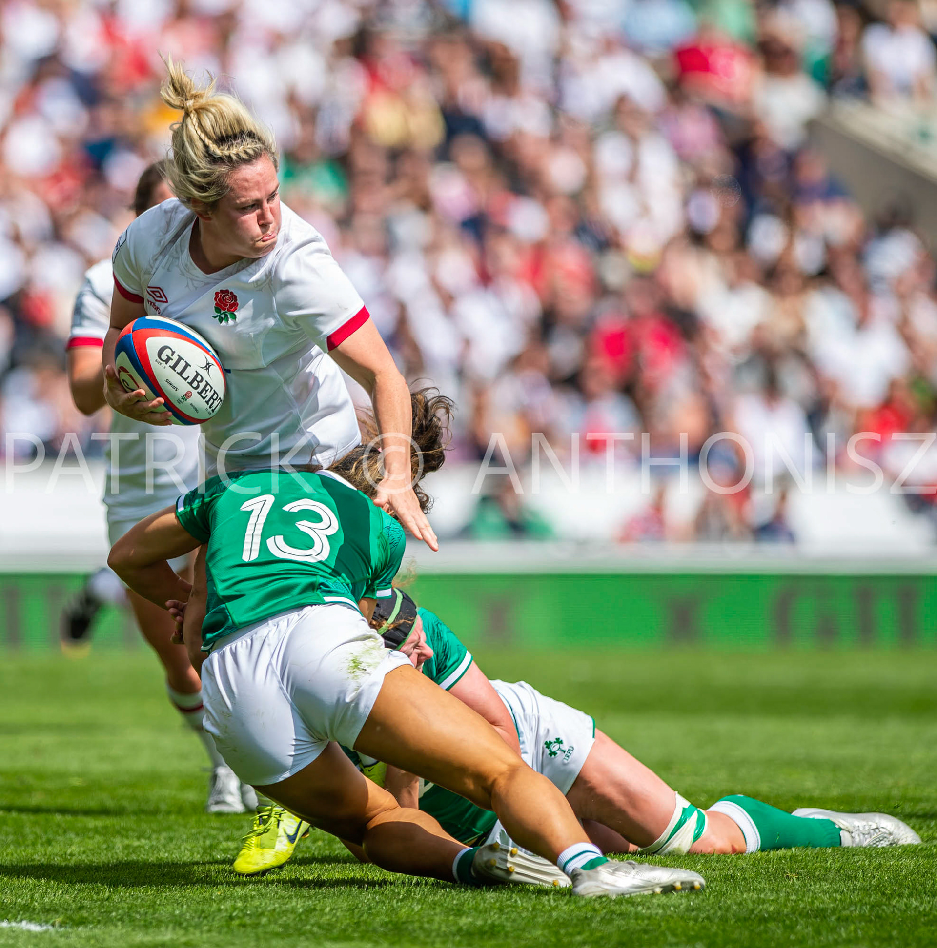 24th - April  2022 : Marlie Packer England  is brought down by Sene Naoupu Ireland during the  during the England Vs Ireland round 4    TikTok Women's Six Nations at  Mattioli  Woods Welford Road.