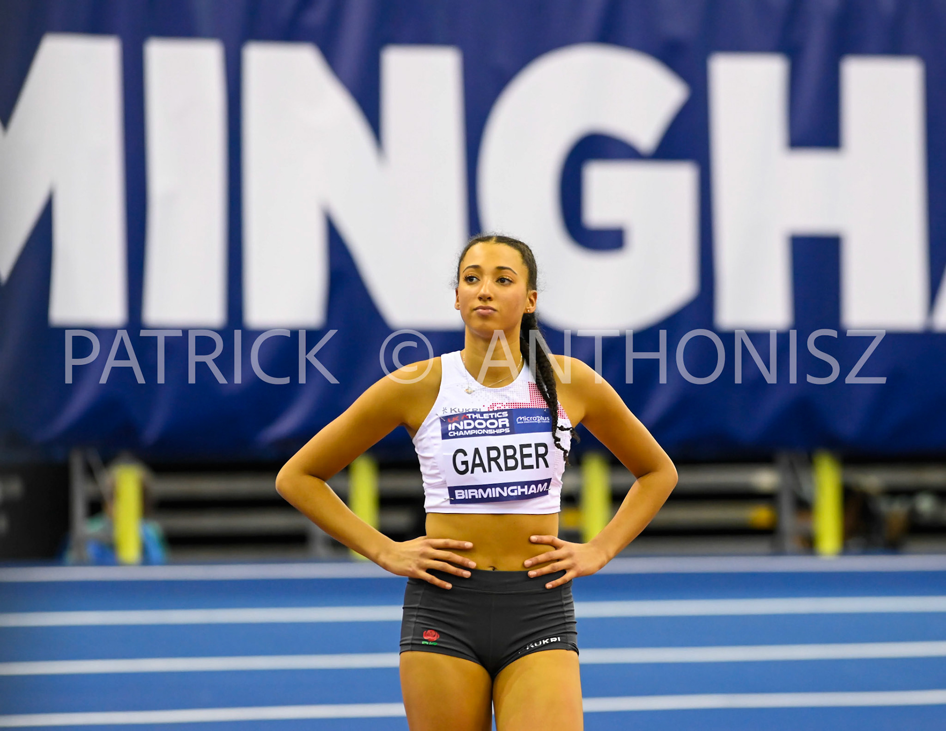 BIRMINGHAM, ENGLAND - FEBRUARY 19: Gabrielle GARBER looks on during the High Jump at day 2 of the UK Athletics Indoor Championships at the Utilita Arena, Birmingham , England