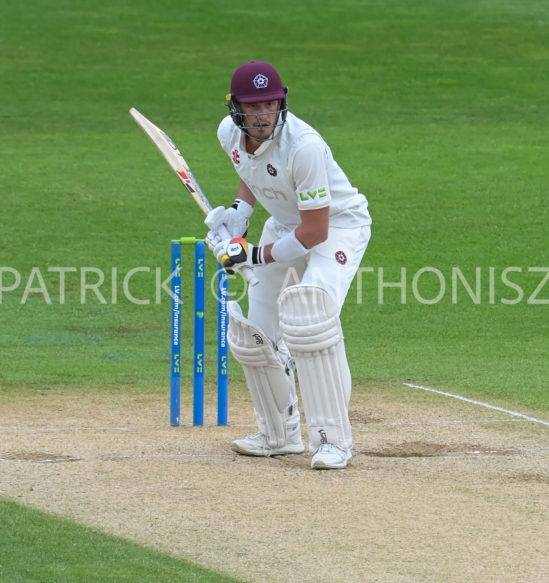 NORTHAMPTON, ENGLAND - April 16 2023 : Chris Tremain of Northampton  eyes the ball during the Day 4 of the LV= Insurance County Championship match between Northamptonshire and   Sun  April  16 at The County Ground  in Northampton, England.