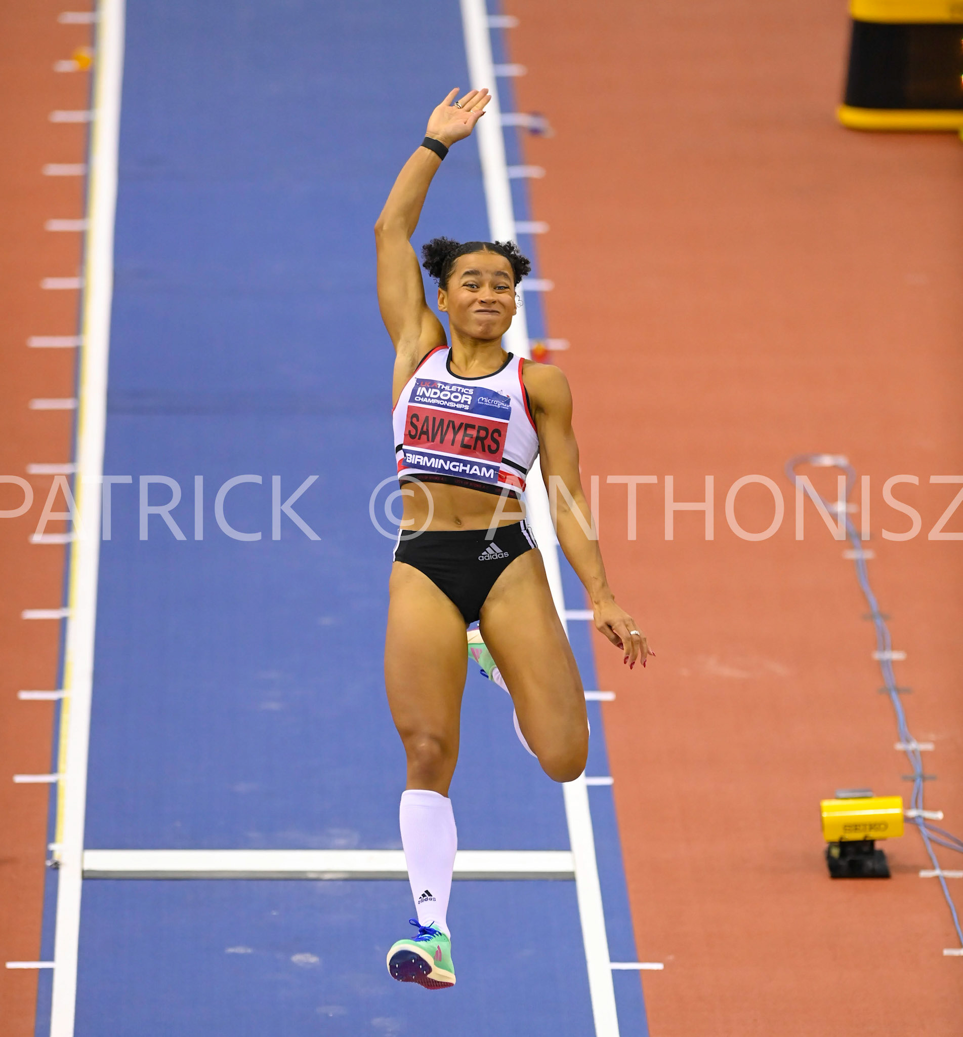 BIRMINGHAM, ENGLAND - FEBRUARY 19: JASMIN SAWERS in action during the long jump day 2 of the UK Athletics Indoor Championships at the Utilita Arena, Birmingham , England